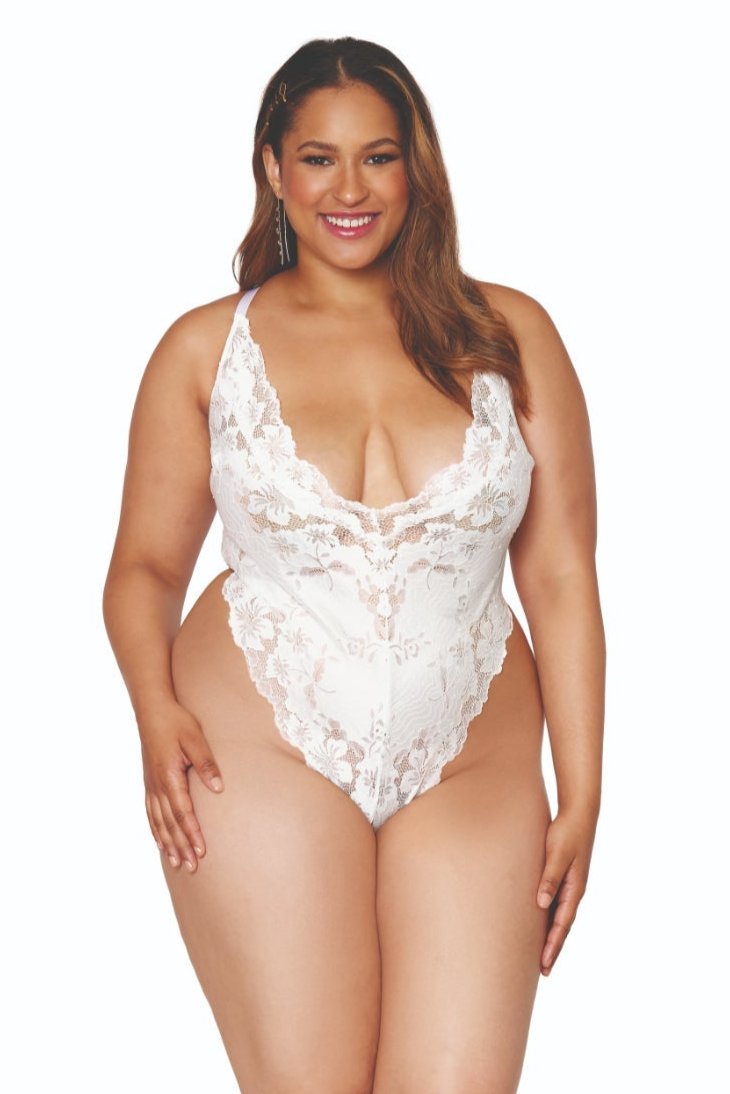 Plus size lace teddy with deep neckline, designed for comfort and style.