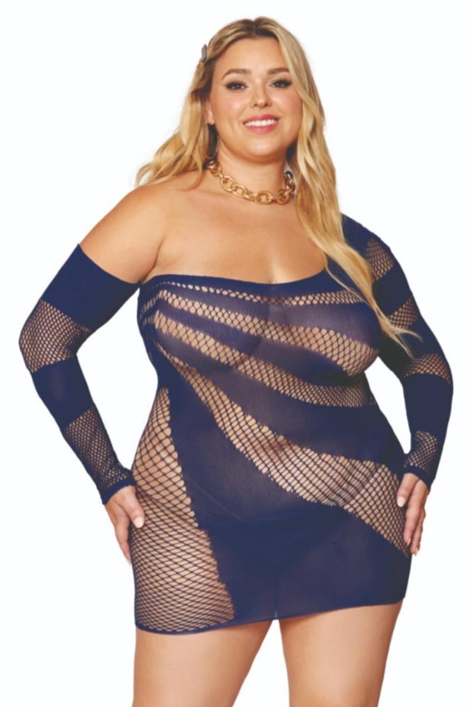 A woman models the Off Shoulder Sheer Plus Size Mini Dress with Asymmetrical Neckline, showcasing its open fishnet and opaque stripe design.