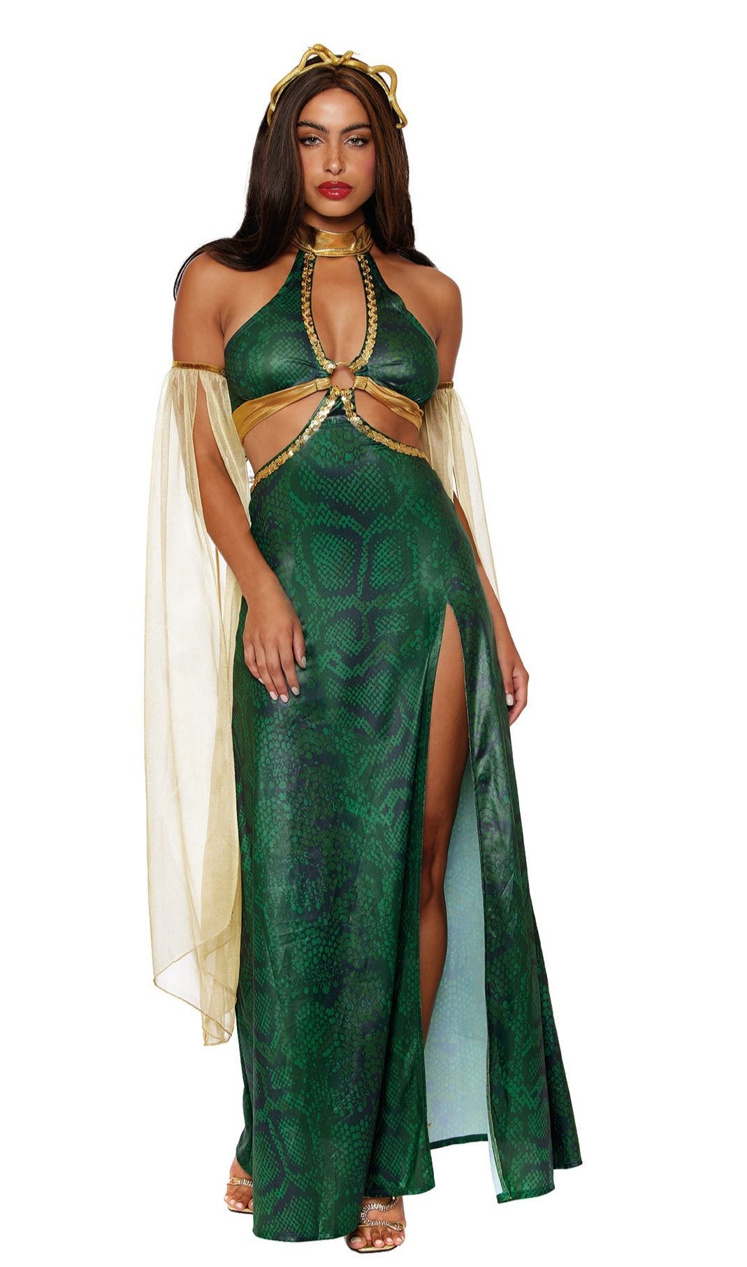 Mystical Serpent Queen Halloween Costume features a dark green snakeskin-patterned gown with gold trim, halter neckline, midriff cutouts, high leg slit, flowing gold chiffon drapes, and a snake-shaped headband.