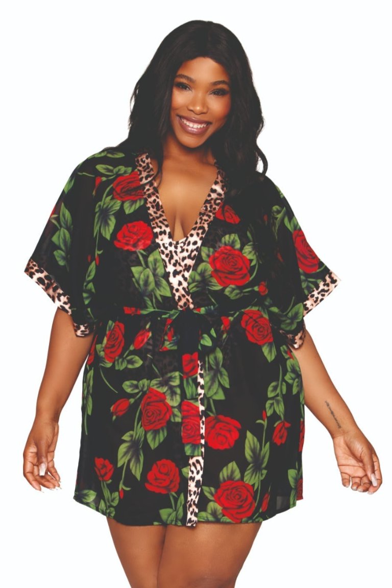 Plus size rose print chiffon robe and leopard teddy set.