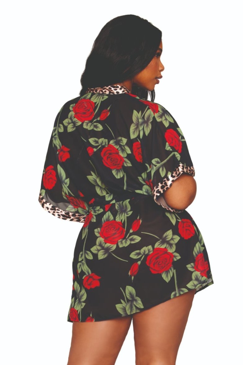 Plus size rose print chiffon robe and leopard satin teddy set.