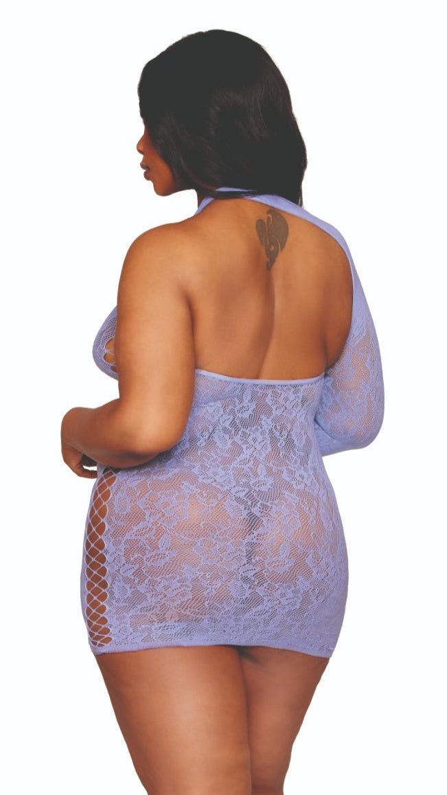 Plus size seamless asymmetrical chemise with lace pattern and crisscross details.