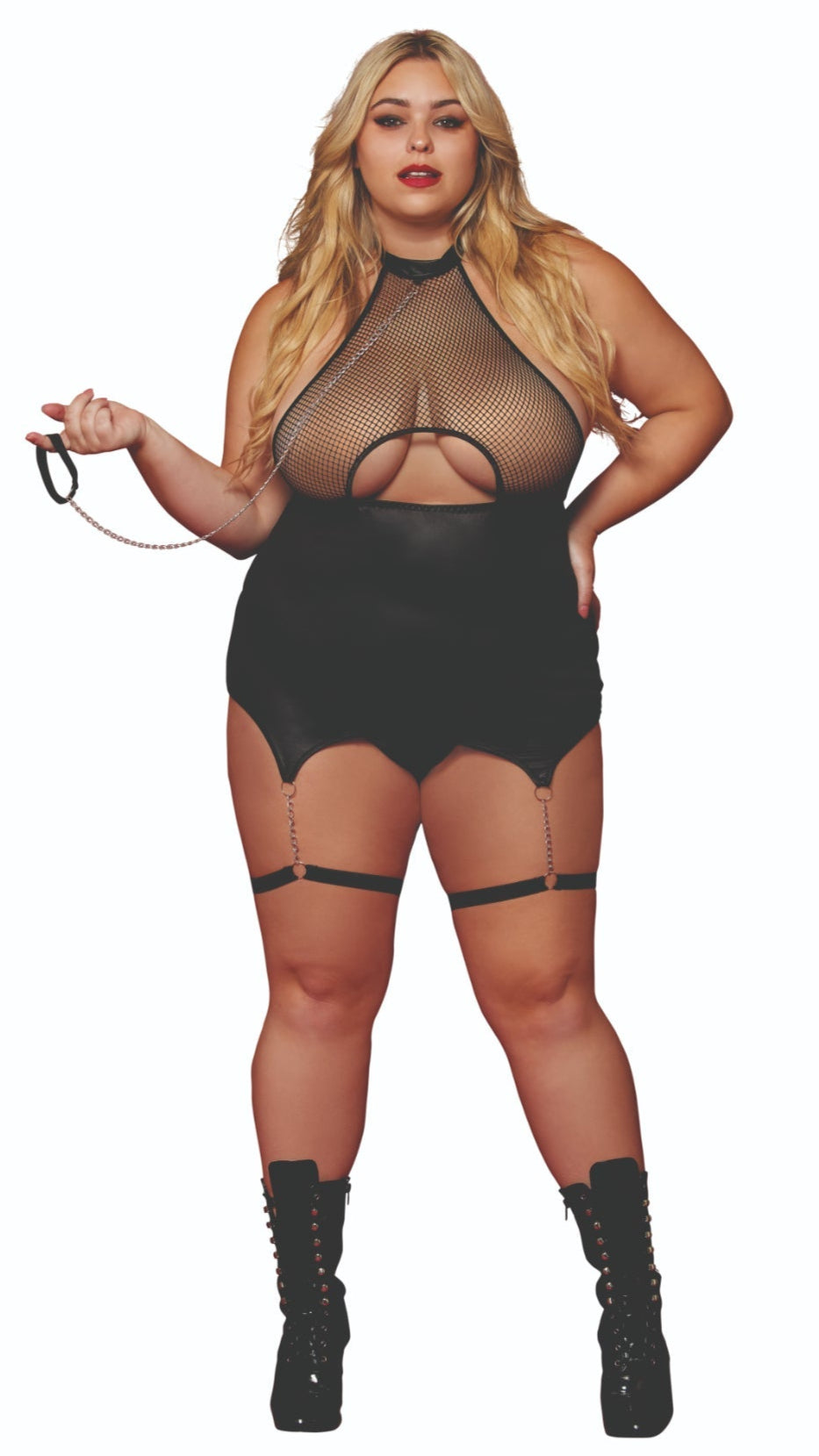 Plus size faux-leather fishnet garter slip and leash set for fetish wear.
