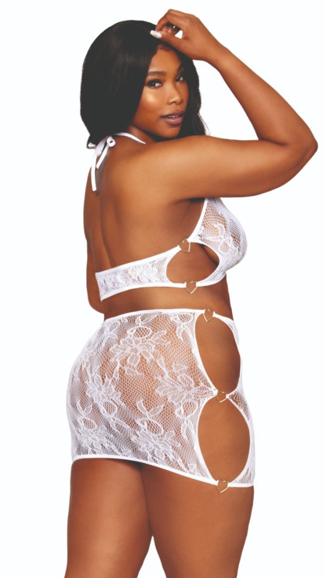 Dreamgirl plus size lace bralette and mini-skirt set with gold-heart accents.