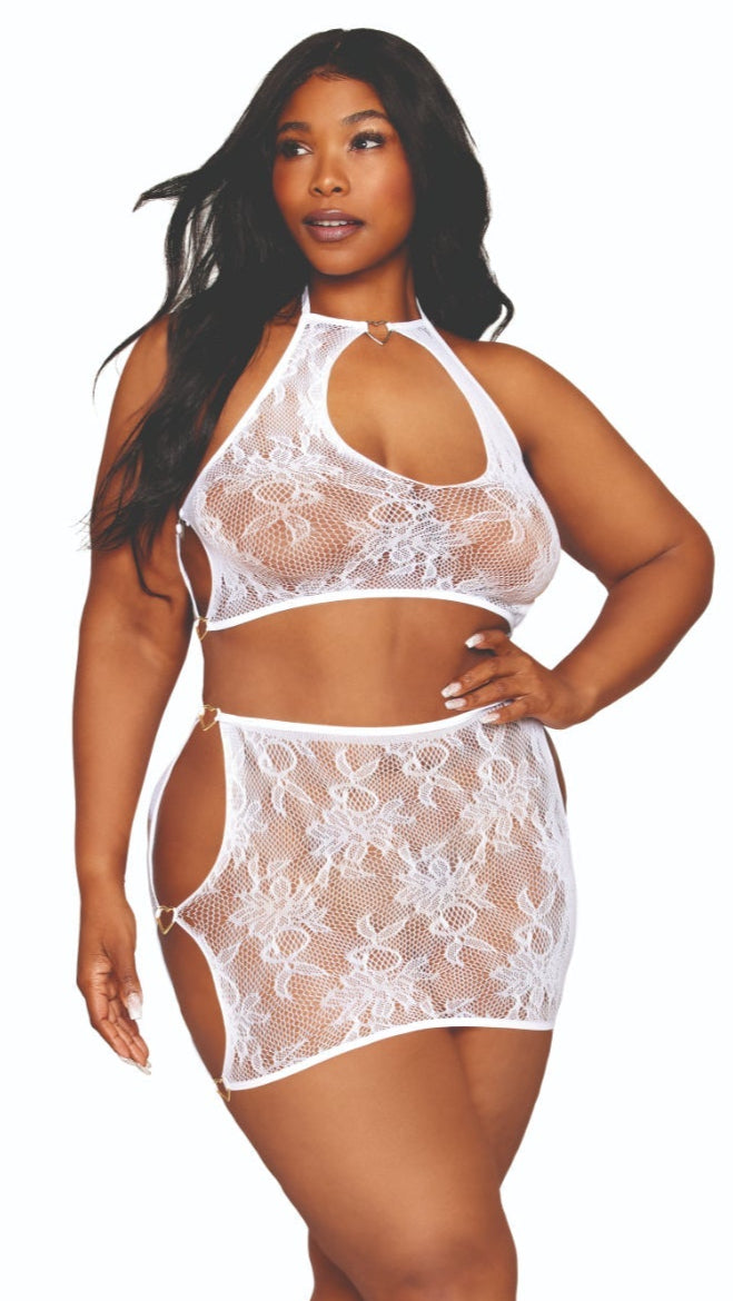 Dreamgirl plus size lace bralette and mini-skirt set with gold-heart details.
