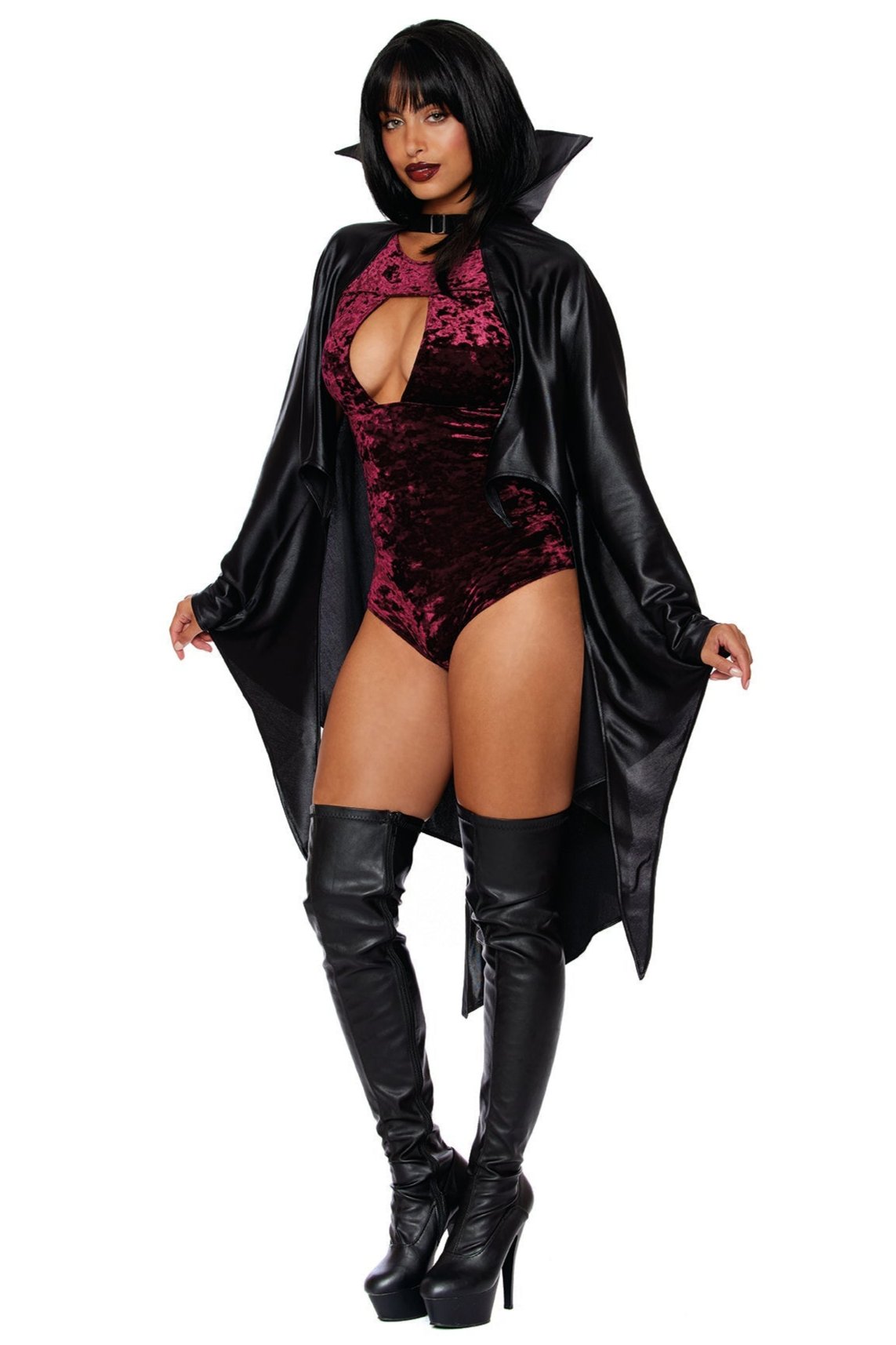 A person wearing the Sexy Vampire Costume Cape, which includes a black cape, red velvet bodysuit, thigh-high black boots, and a black wig, stands against a white background. Perfect for adding allure to any Halloween ensemble.
