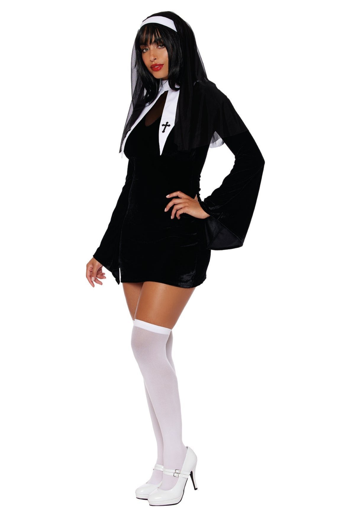 A person confidently dons the Chilling Nun of Darkness Costume—perfect for a Halloween party—with its black dress, white collar adorned with a cross, black veil, white thigh-high stockings, and striking white high-heeled shoes.