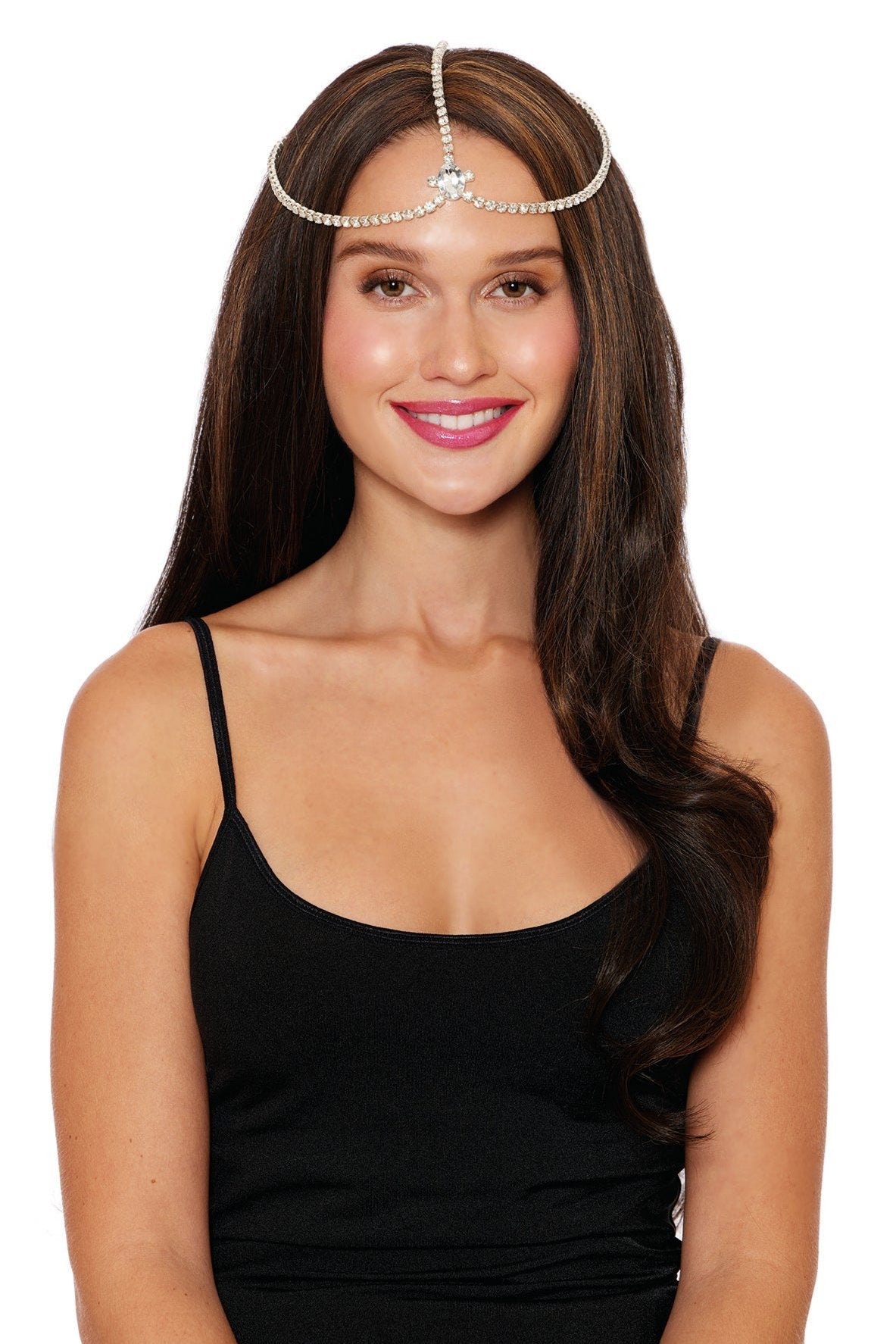 Young woman wears the Sparkling Gemstone Jeweled Tiara, featuring clear crystal-like beads elegantly draping over her forehead, adding a regal touch to her simple black spaghetti-strap top.