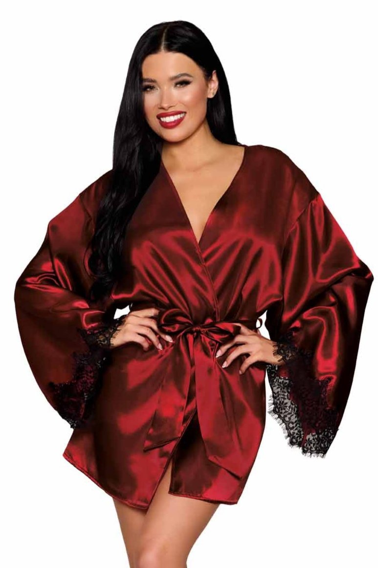 Woman modeling the Sultry Open Back Satin Night Robe, featuring an open back, eyelash lace trim, wide sleeves, and a satin belt.