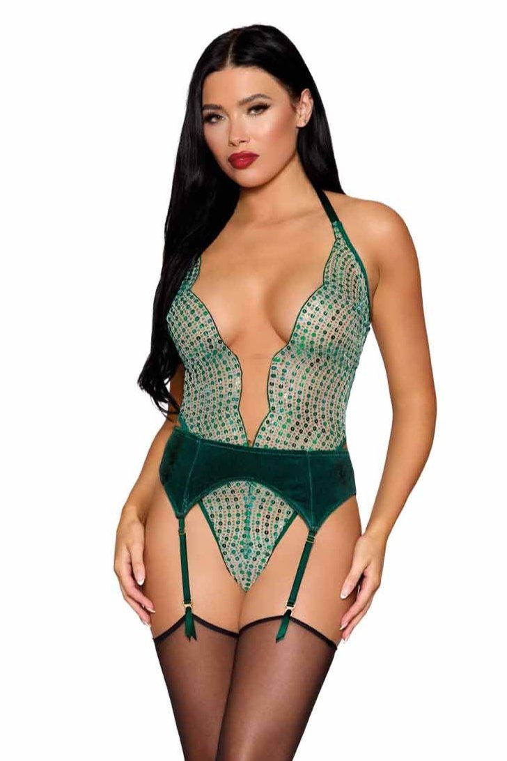 Elegant Sequin Scallop Teddy with Velvet Garter, featuring sequin embroidery, plunging neckline, and velvet garter belt, modeled by a woman in a photo shoot.