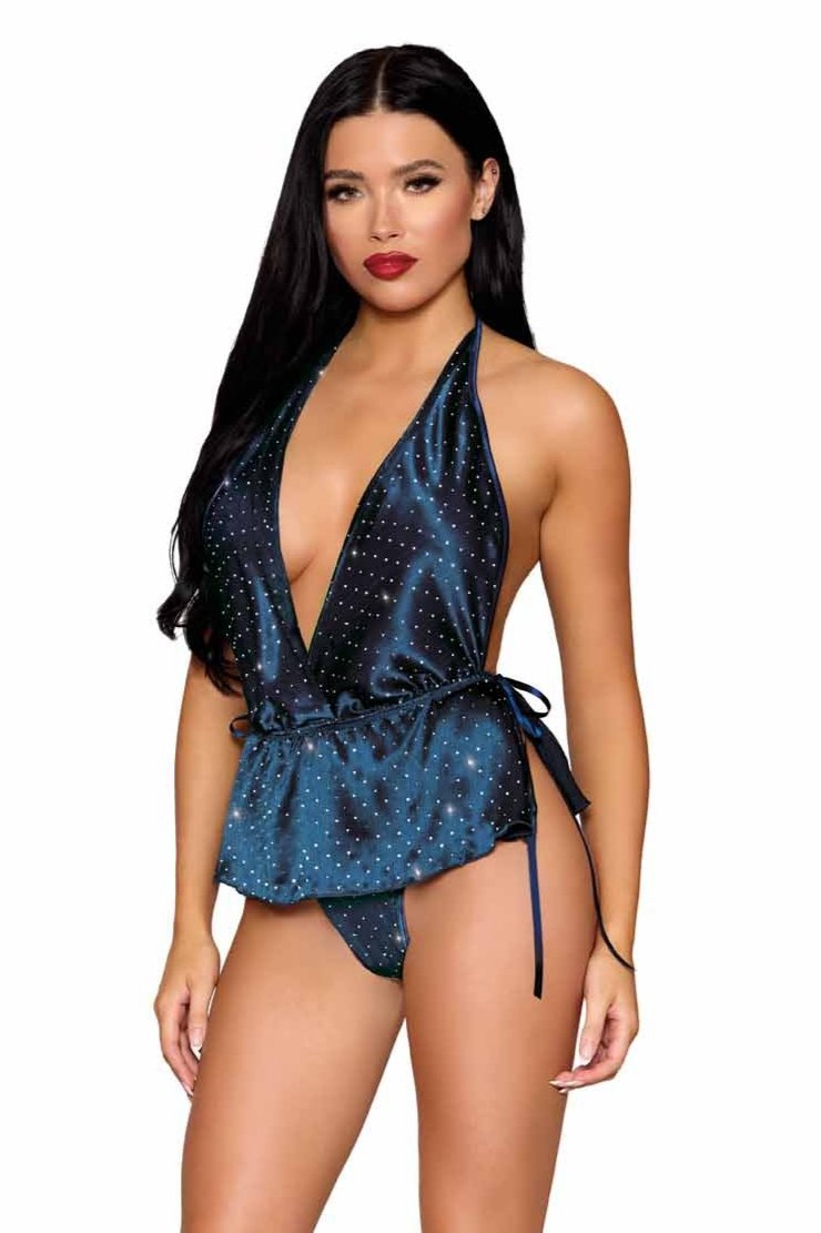 Woman modeling the Sparkling Satin Teddy with Rhinestone Accents, featuring a plunging neckline and open back, showcasing its luxurious, curve-hugging design.