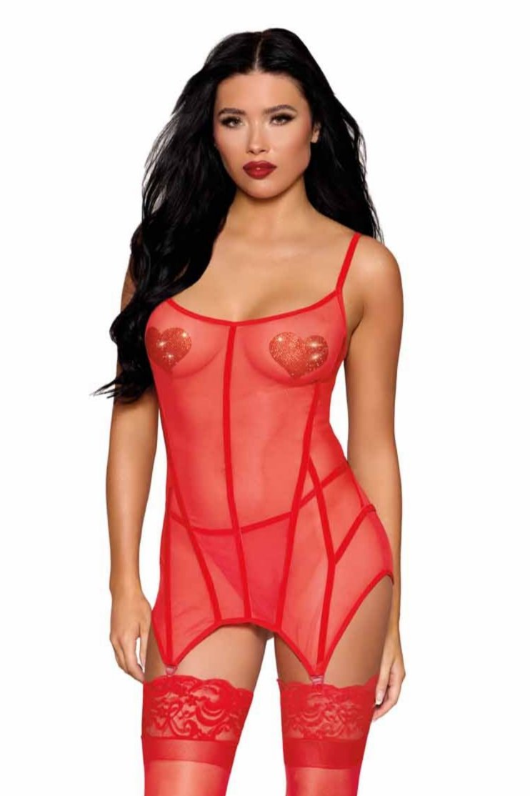 Woman modeling the Red Stretch Mesh and Velvet Trim Garter Set, featuring a rhinestone heart garter slip and velvet lace-up back.