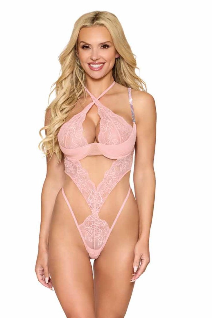Elegant Rose Lace High Cut Teddy worn by a model, featuring stretch lace, underwire foam lined cups, and removable crystal shoulder straps for a glamorous look.