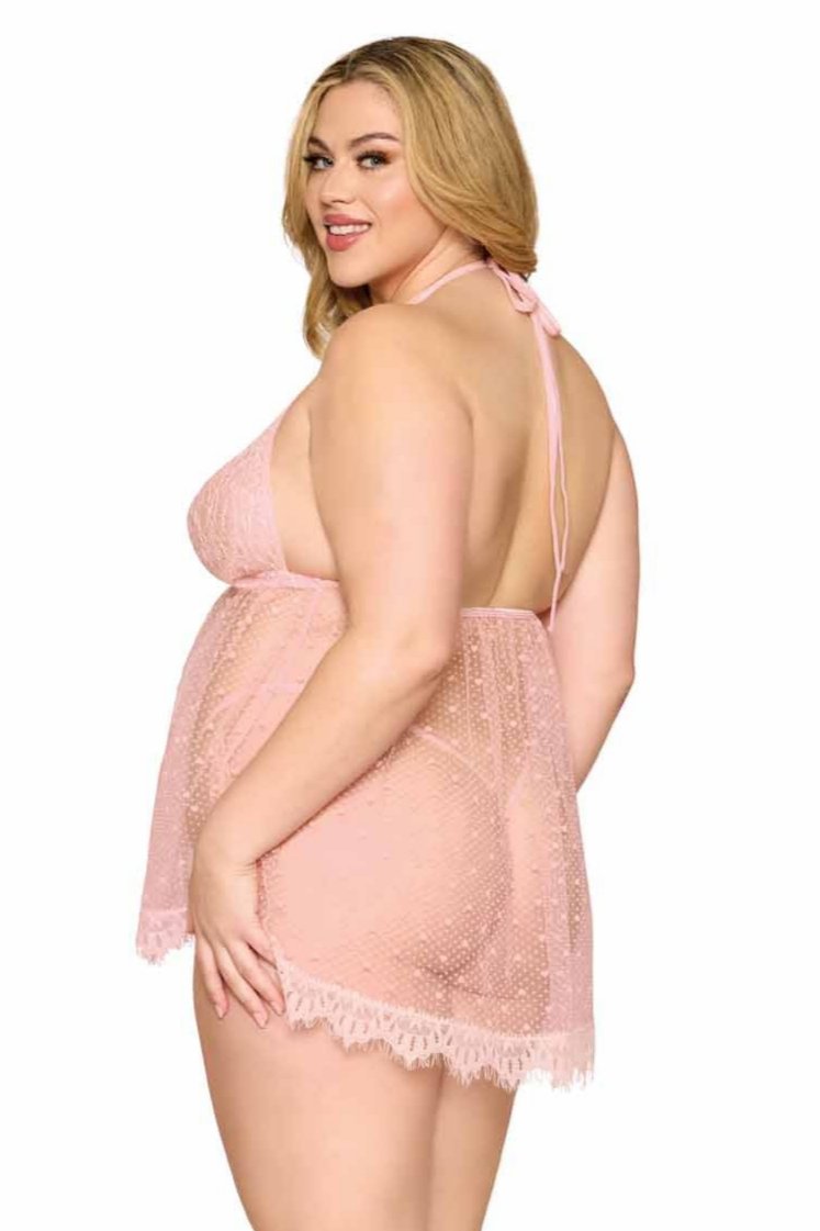 Plus Size Heart Pattern Eyelash Lace Babydoll in soft pink color.