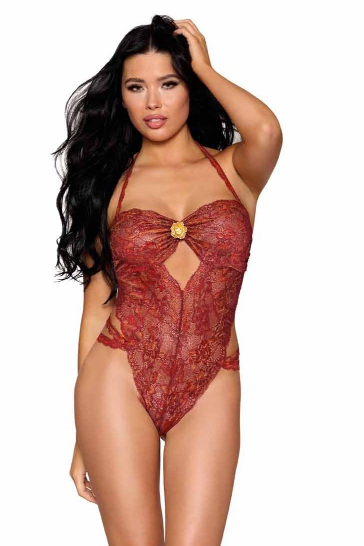 Gold Foil Detail Stretch Lace Teddy showcased by a model, highlighting its lace cups, halter neckline, and stretch lace hip straps for a stylish fit.