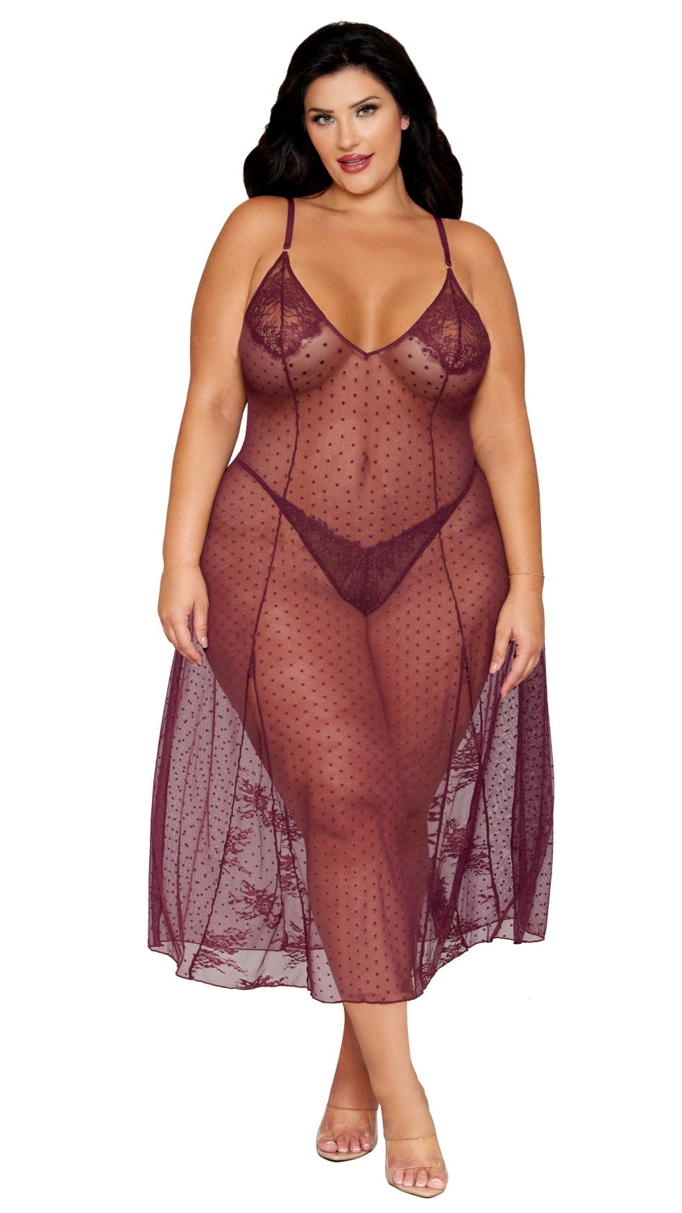 Plus Size Dot stretch mesh and eyelash lace midi-length gown with adjustable straps and lace godet inset hem, paired with a lace G-string set.