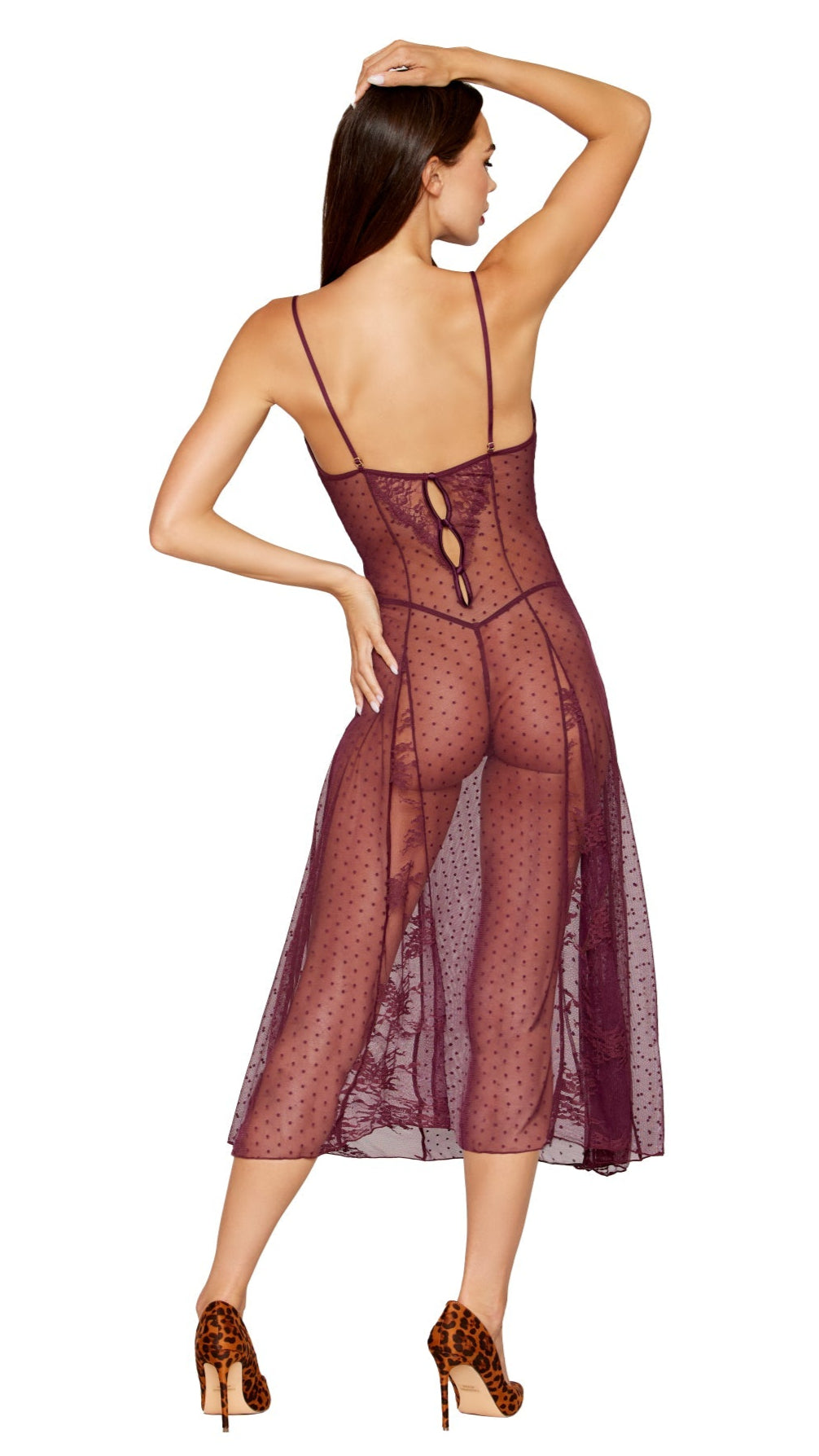Woman modeling a Dot stretch mesh and eyelash lace midi-length gown with adjustable straps, lace godet hem, and matching G-string.