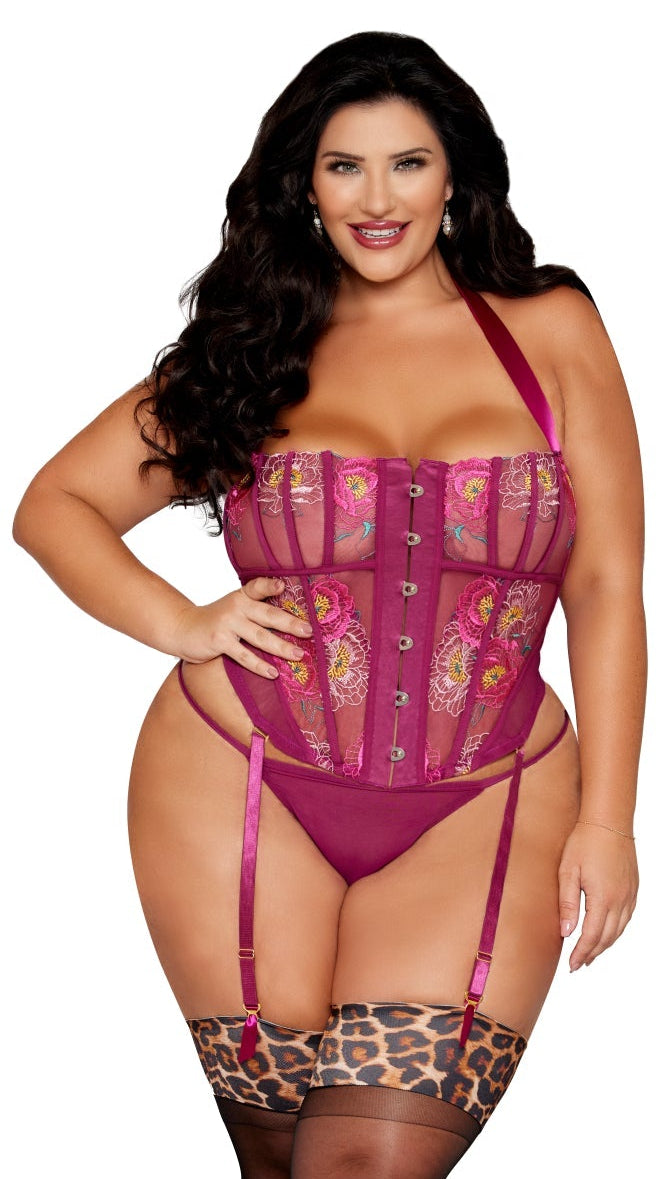 Plus Size Pink Floral Embroidery Bustier and G-String Set