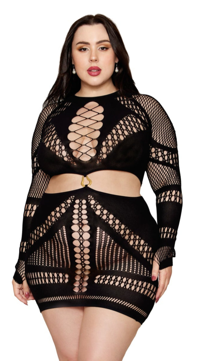 Woman modeling the Plus Size Seamless novelty fishnet and opaque parts combination long sleeve chemise, showcasing its intricate design with a focus on the organic shape ring connector.