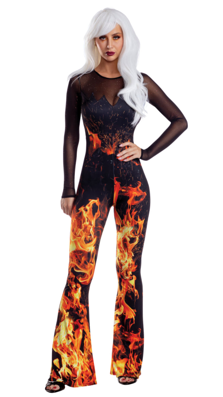 Woman wearing the Flame Jumpsuit with flame-shape contrast glitter mesh neckline, showcasing a stylish one-piece design in knit fabric.