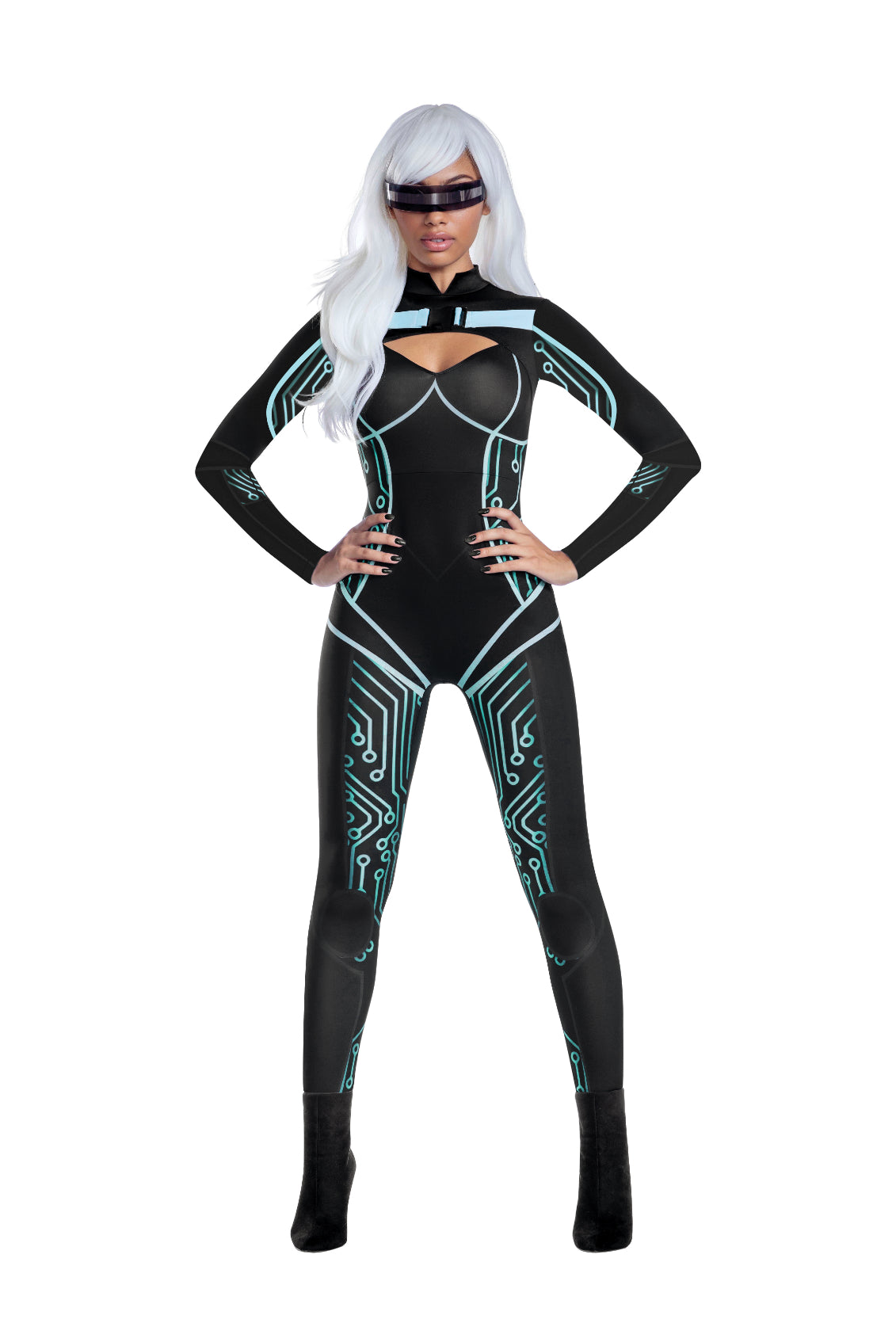 A woman models the Cyber two-piece set, featuring a printed stretch jumpsuit with belt detail and black glasses with a reflective strip.