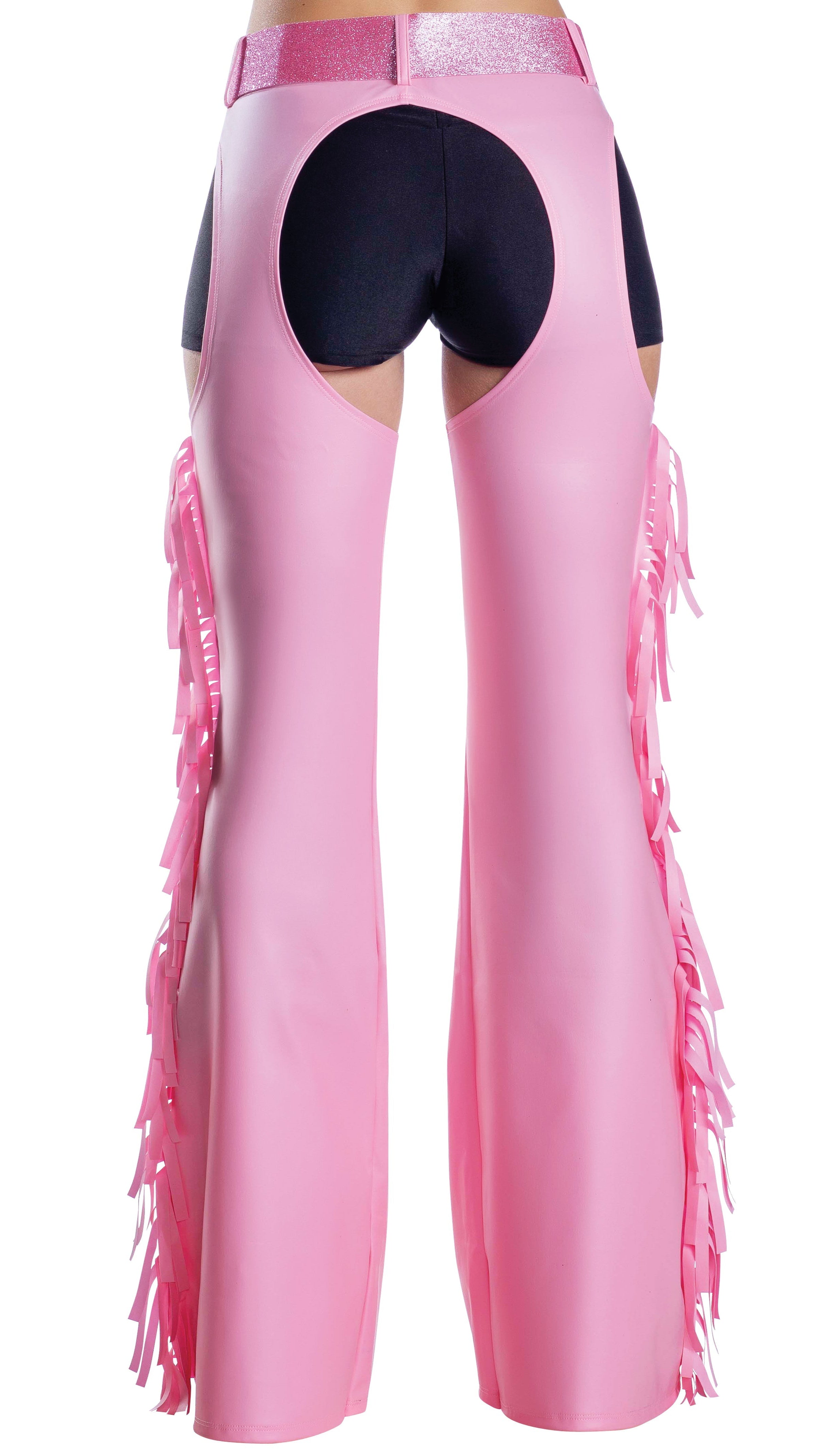 Fringe Chaps Pink: Close-up of pink chaps with side fringe and stud details, paired with a matching glitter belt.