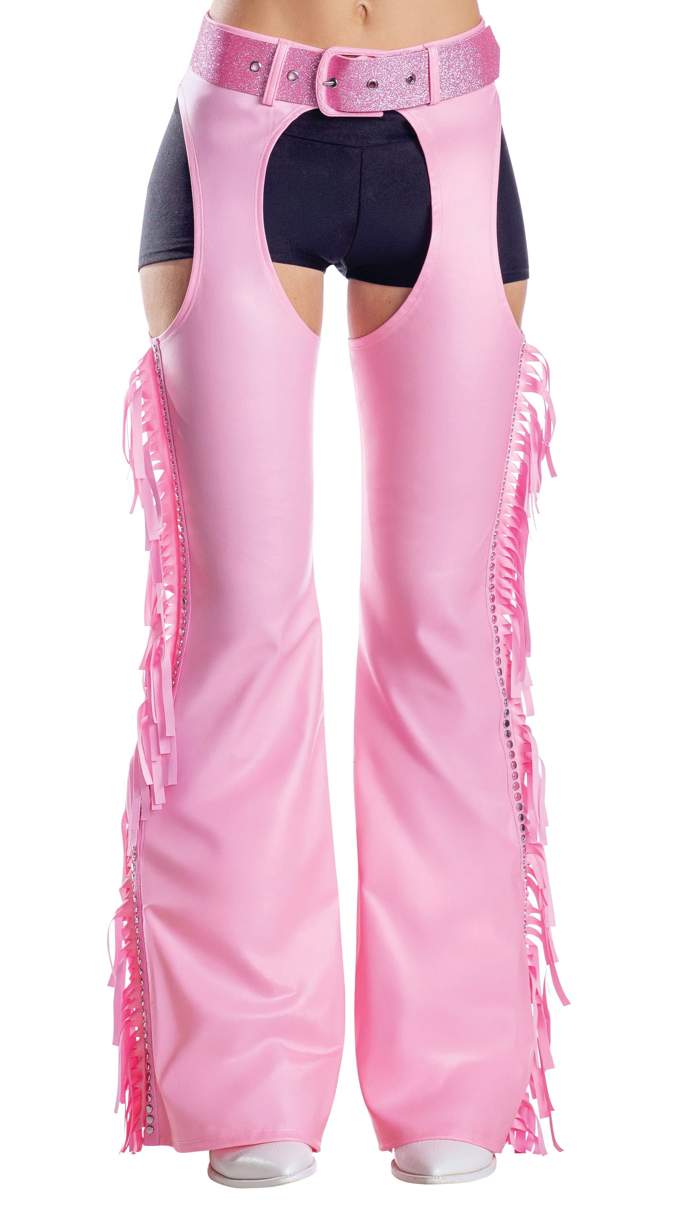 Fringe Chaps Pink featuring a close-up of the waist with glitter belt, showcasing stud and fringe detailing on pink-coated denier fabric.
