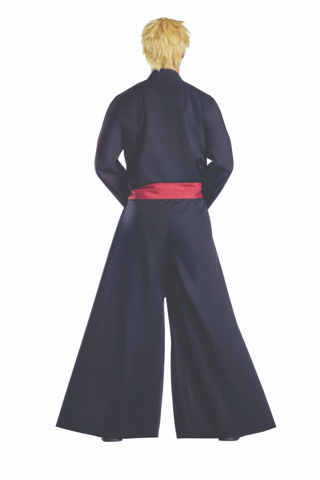 Samurai Warrior set featuring a kimono-inspired wrap shirt, hakama-style pleated pants, and an obi belt, modeled by a man in a black suit.