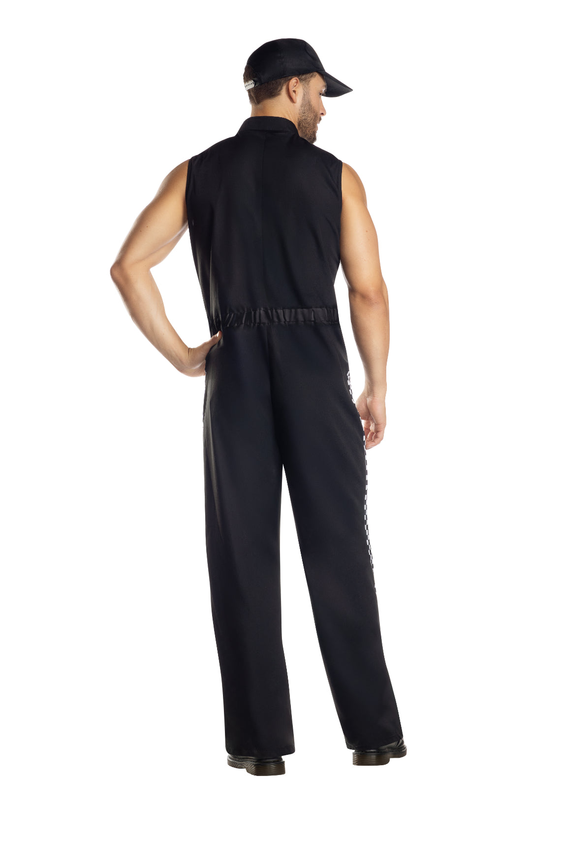Man wearing the Formula Racer poly poplin sleeveless jumpsuit with front zip, print, and patches, paired with a matching cap, both 100% polyester.