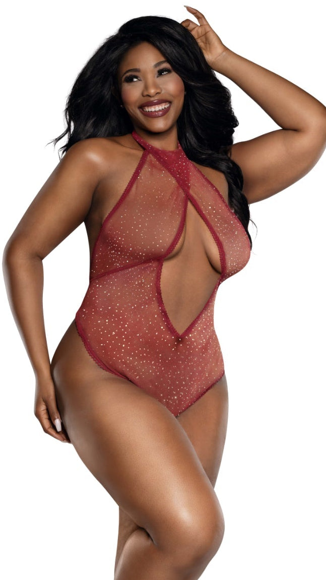 Plus Size Rhinestone crossneck open front halter teddy with O ring hardware detail, worn by a woman posing confidently, featuring a deep plunging front cut-out and paired with glossy red high-heeled pumps.
