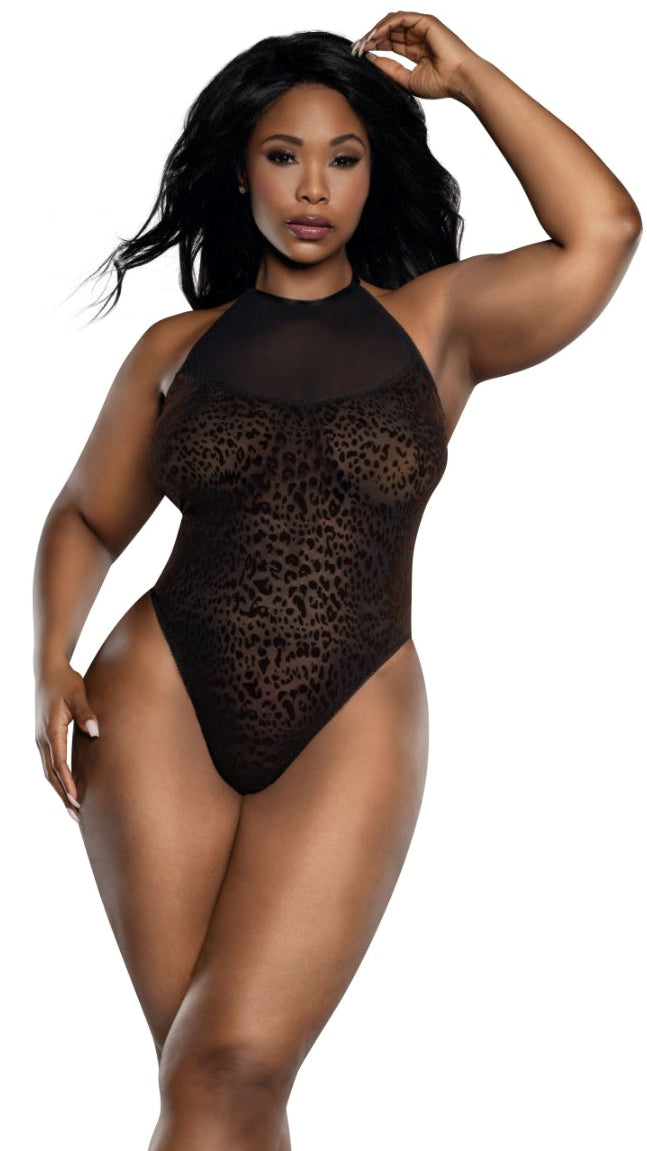 Woman modeling Plus Size Mocha leopard print flocked mesh halter neck teddy, featuring a sheer design with subtle leopard pattern, high-cut legs, mesh neckline, paired with black patent high-heeled pumps.