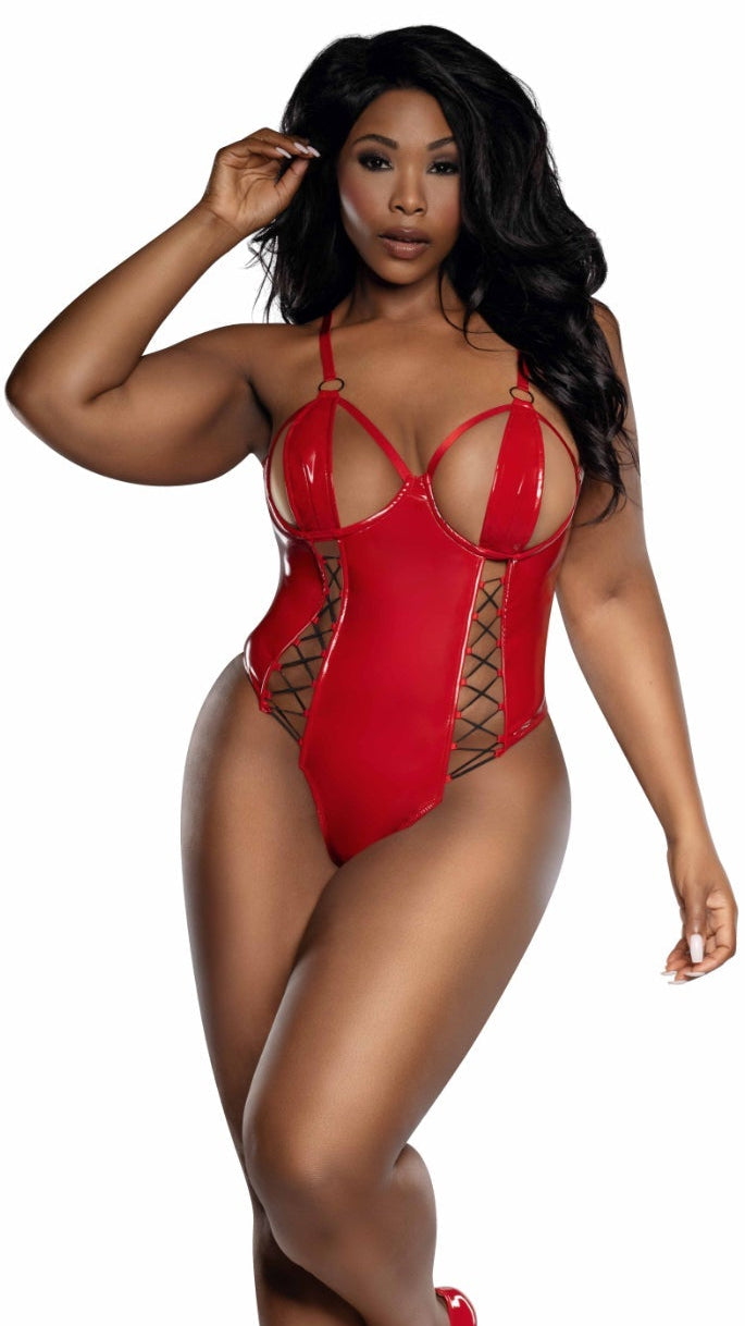 Plus Size Vinyl teddy with cutouts and lacing detail, modeled by a woman posing confidently, showcasing its glossy finish, black lace-up sides, and elegant fit, paired with matching high heels.