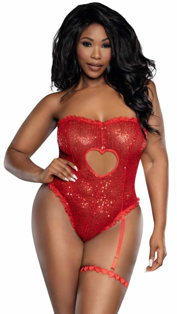 Plus Size Sequined teddy with heart cutouts and matching garter, featuring a strapless corset-style design, heart-shaped midriff cutout, ruffled trim, removable garter strap, and a coordinating heart-trimmed leg band.