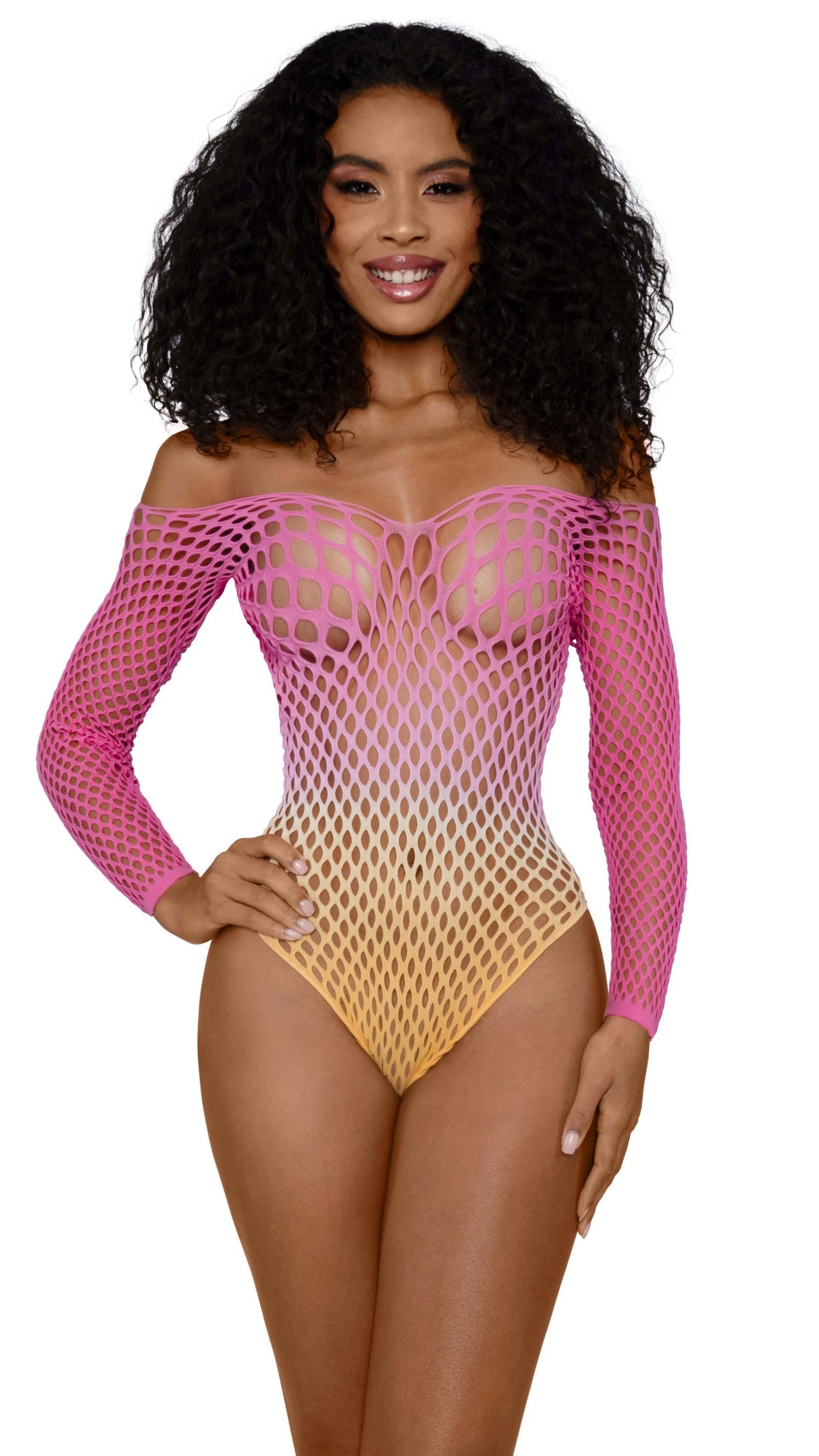 Woman wearing a pink and yellow fishnet teddy bodysuit on a white background