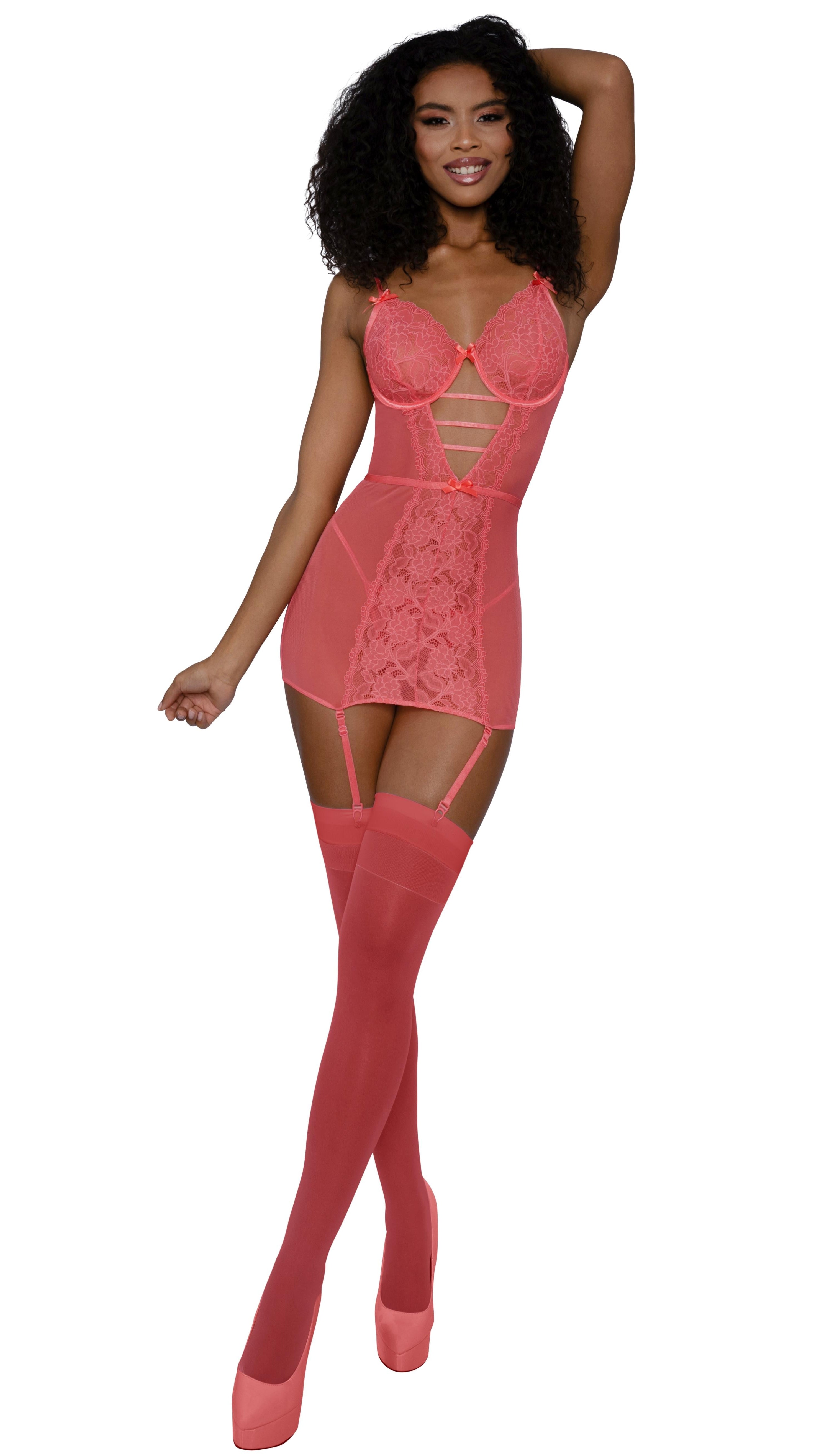 Grapefruit Lace Garter Chemise with Matching Attached Stockings