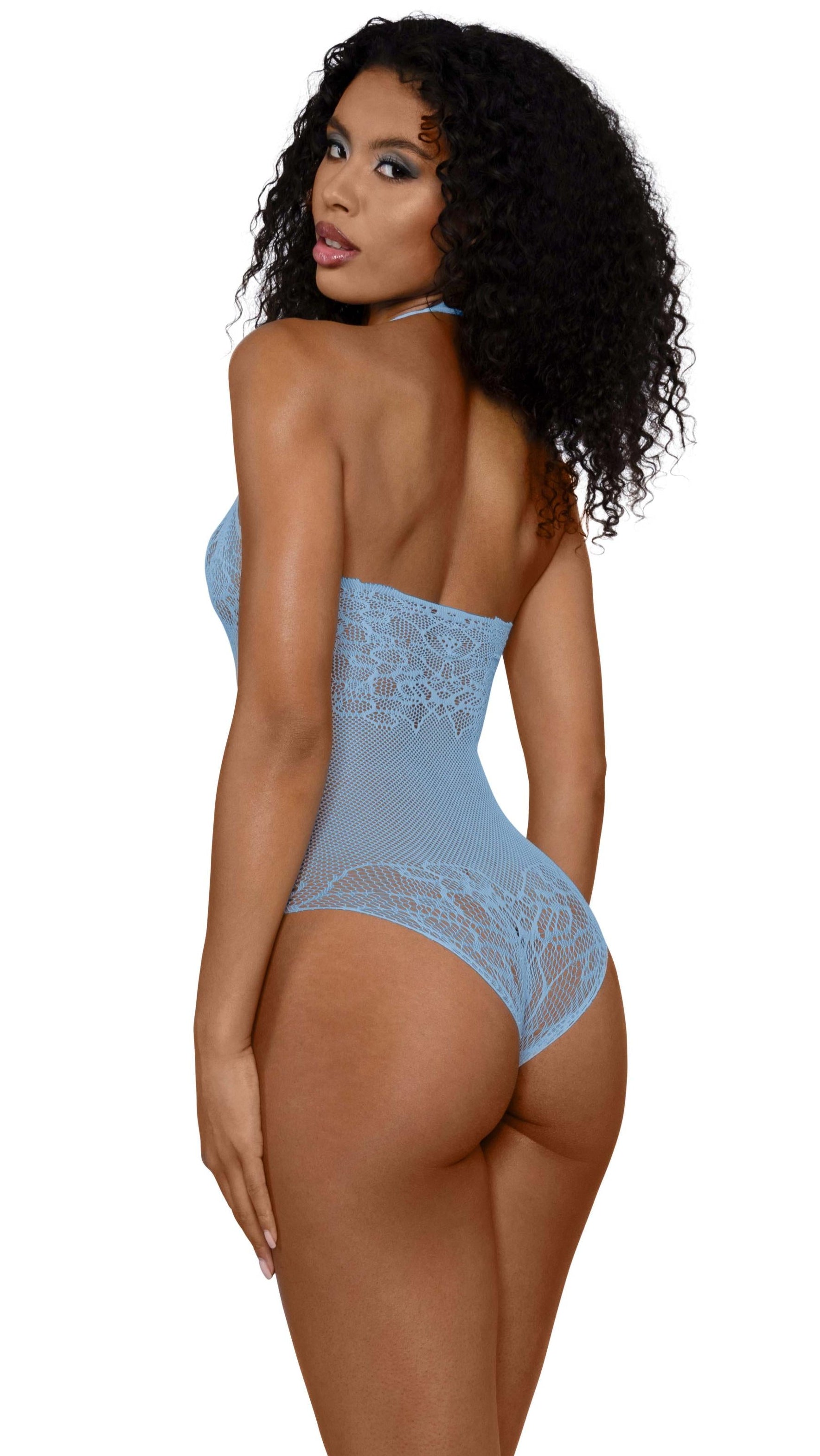 Woman wearing a strapless bodysuit on a white background