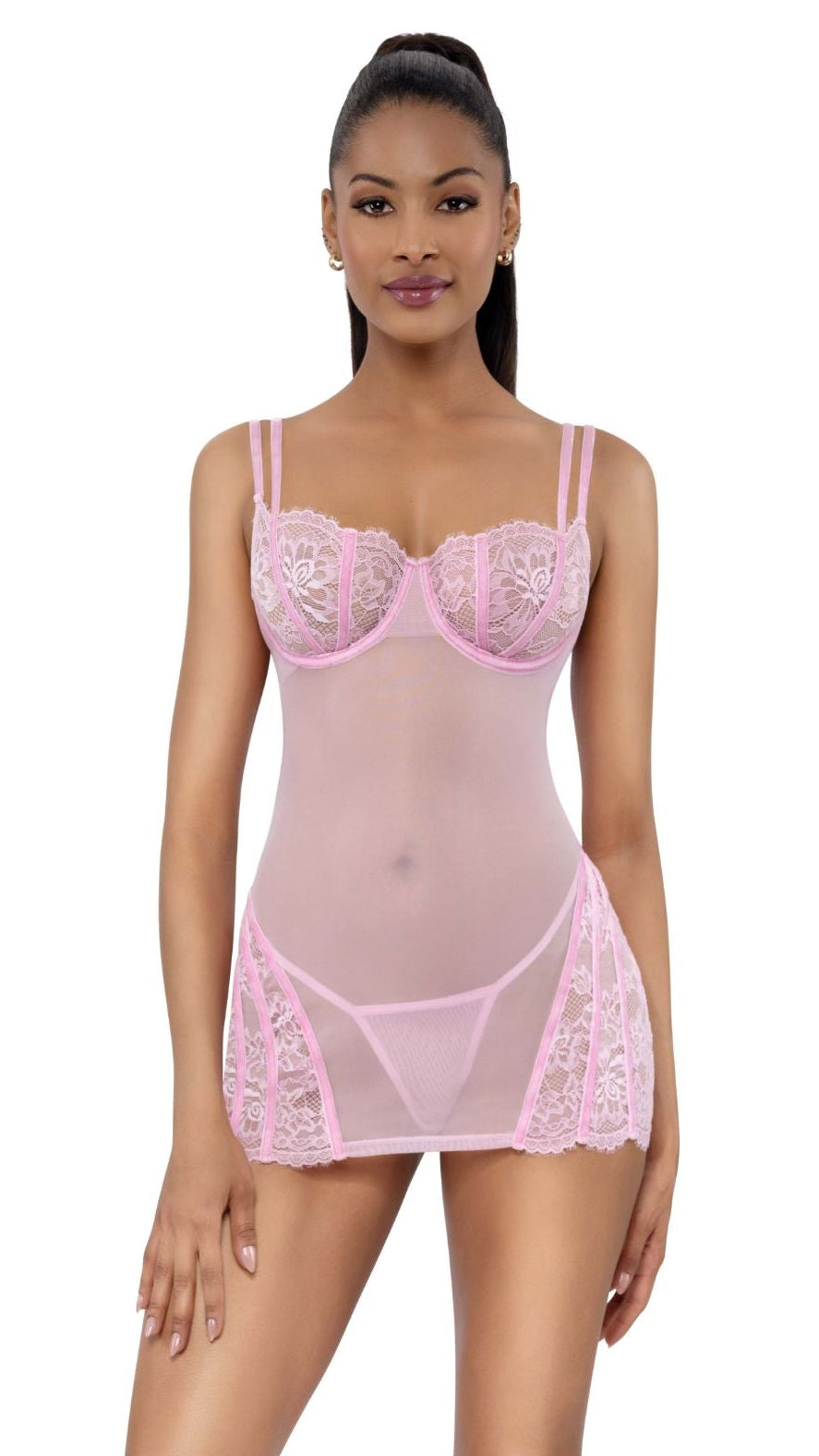 Powder pink sheer chemise 2-piece set with lace-trim bust and matching lace hem