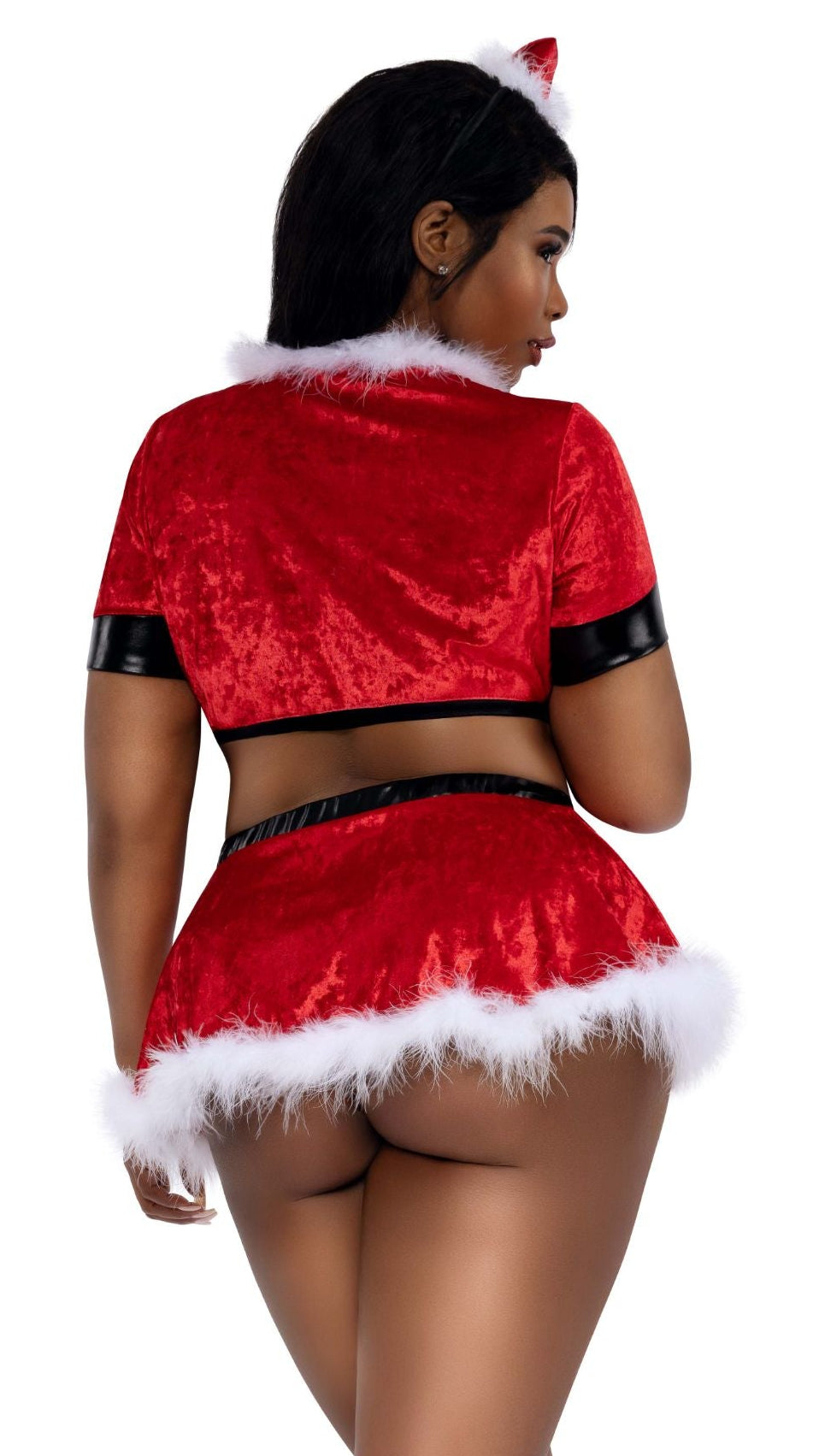 Plus size red and black Christmas skirt set, back view with white faux-fur trim