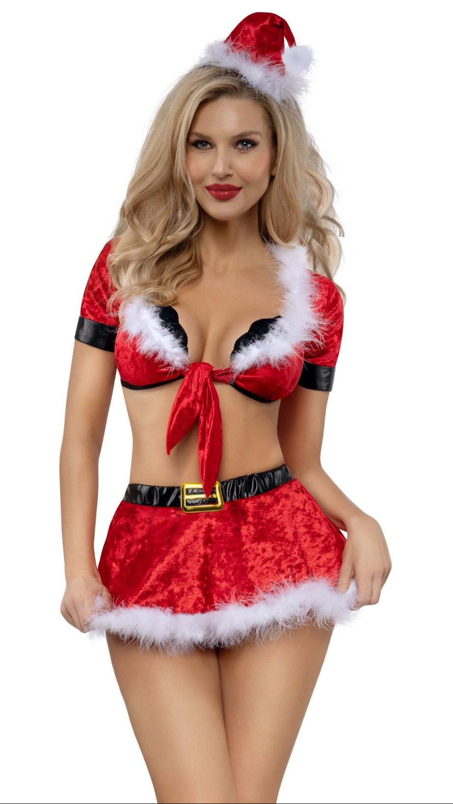Red two-piece skirt set with white fur trim, bow front, and Santa hat