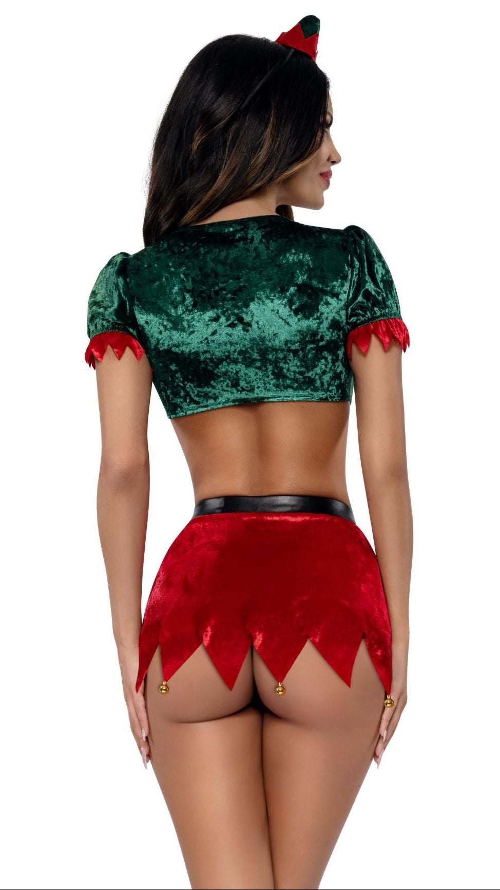 Elf skirt set with green crop top, red jagged mini skirt, and red bow headband