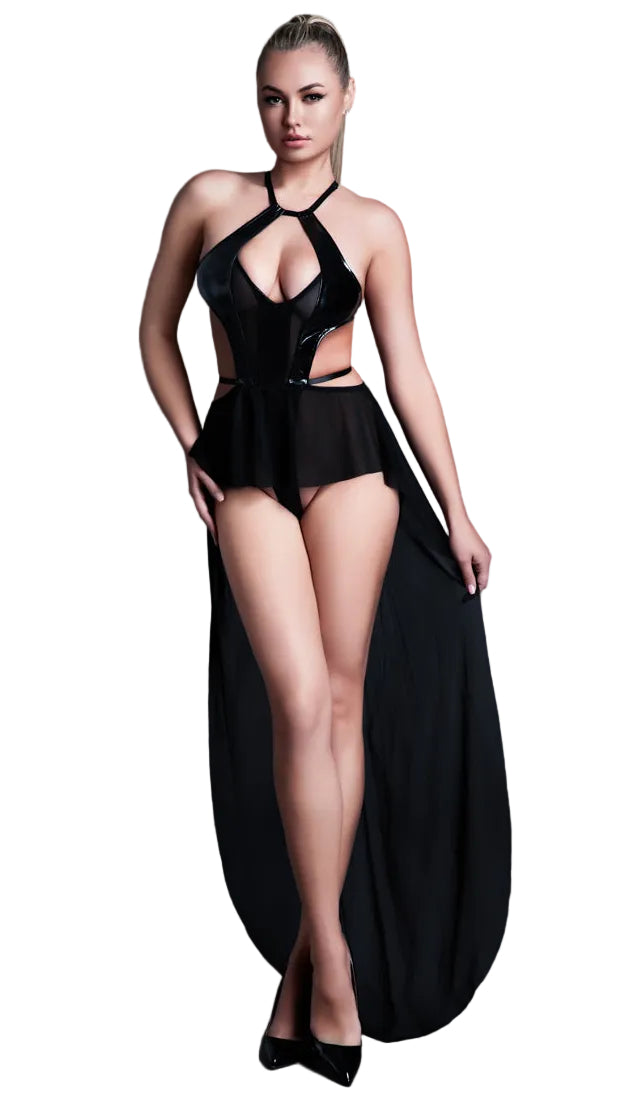 Black Vinyl Mesh Bodysuit with Attached Skirt
