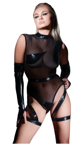 Sheer Mesh Bodysuit with Vinyl Cut Outs and Attached Garters