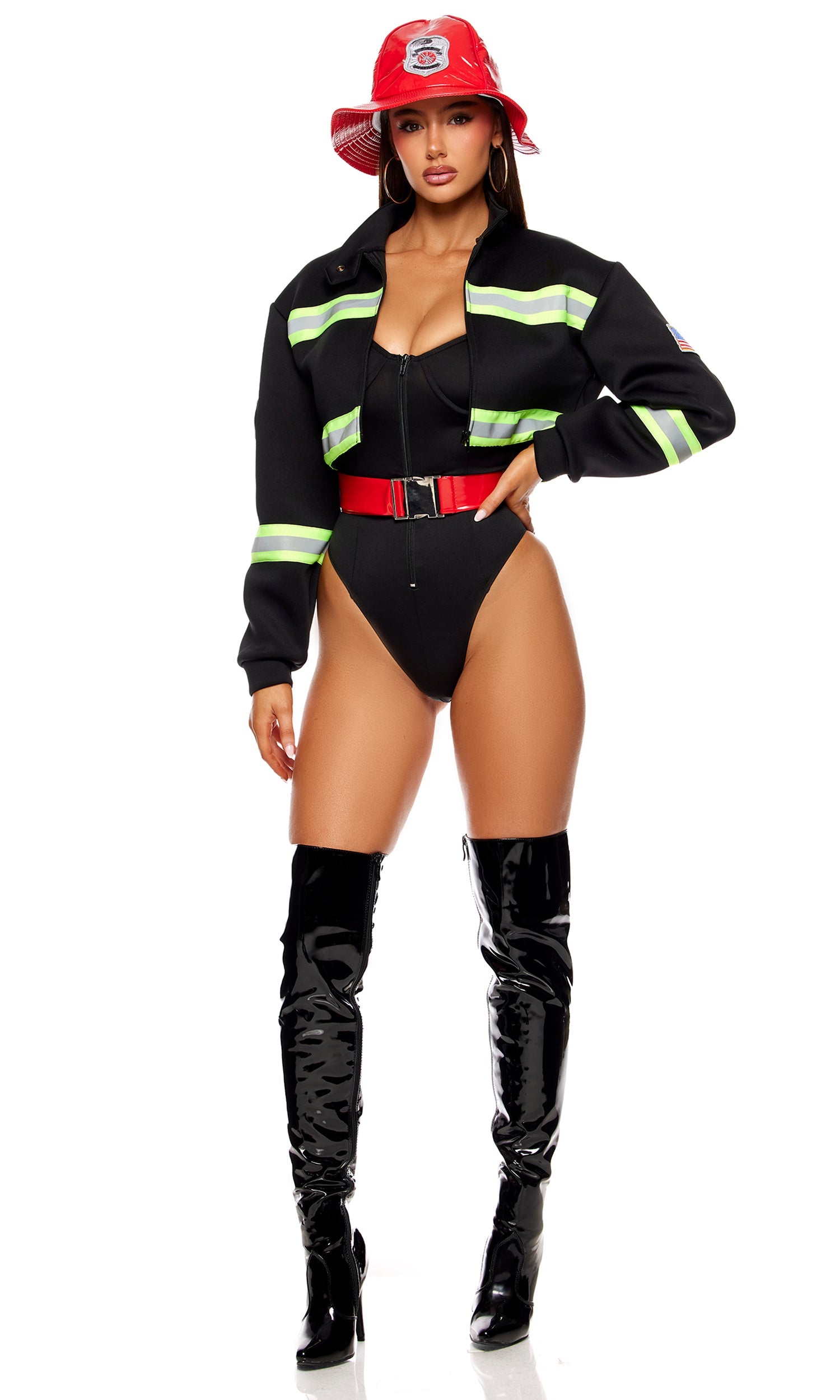 Black Backdraft Firewoman Halloween Costume with Jacket and Vinyl Hat