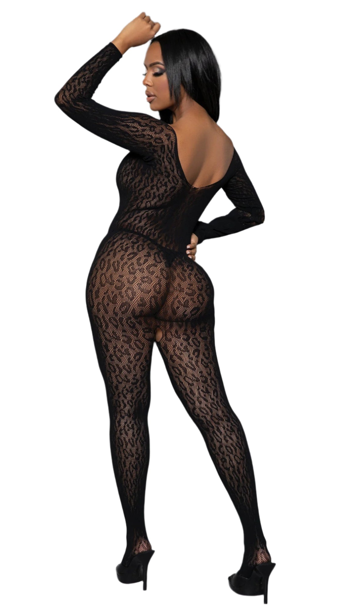 Woman modeling the Sexy Leopard Mesh Animal Print Crotchless Bodystocking, showcasing its long sleeves, leopard mesh pattern, and round neckline on a white background.