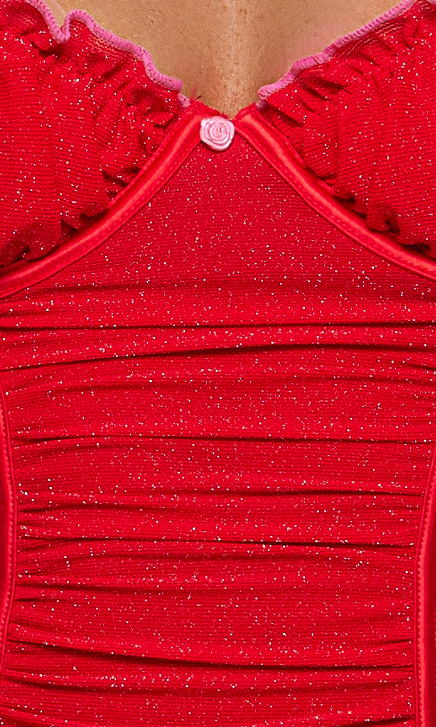 Shimmer Nights Ruched Chemise Lingerie Set features a glittering, ruched bodice with underwire cups, a central mini rosebud accent, ruffled trim, and includes a matching G-string panty.