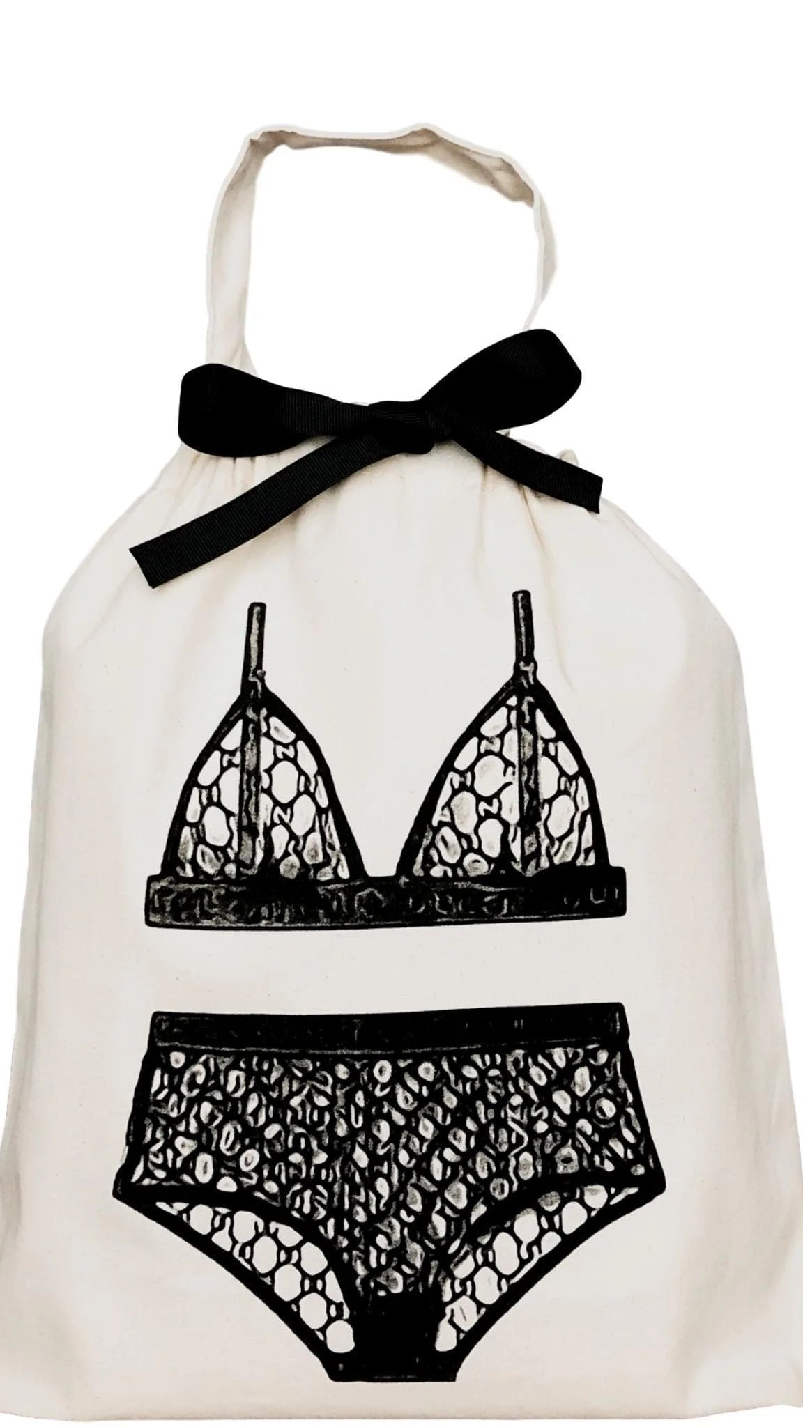 The Feeling Flirty Bundle: Cream-colored drawstring tote with black ribbon, featuring a line-drawing of a lace bralette and panties, perfect for enhancing your lingerie collection with diverse, confidence-boosting options.