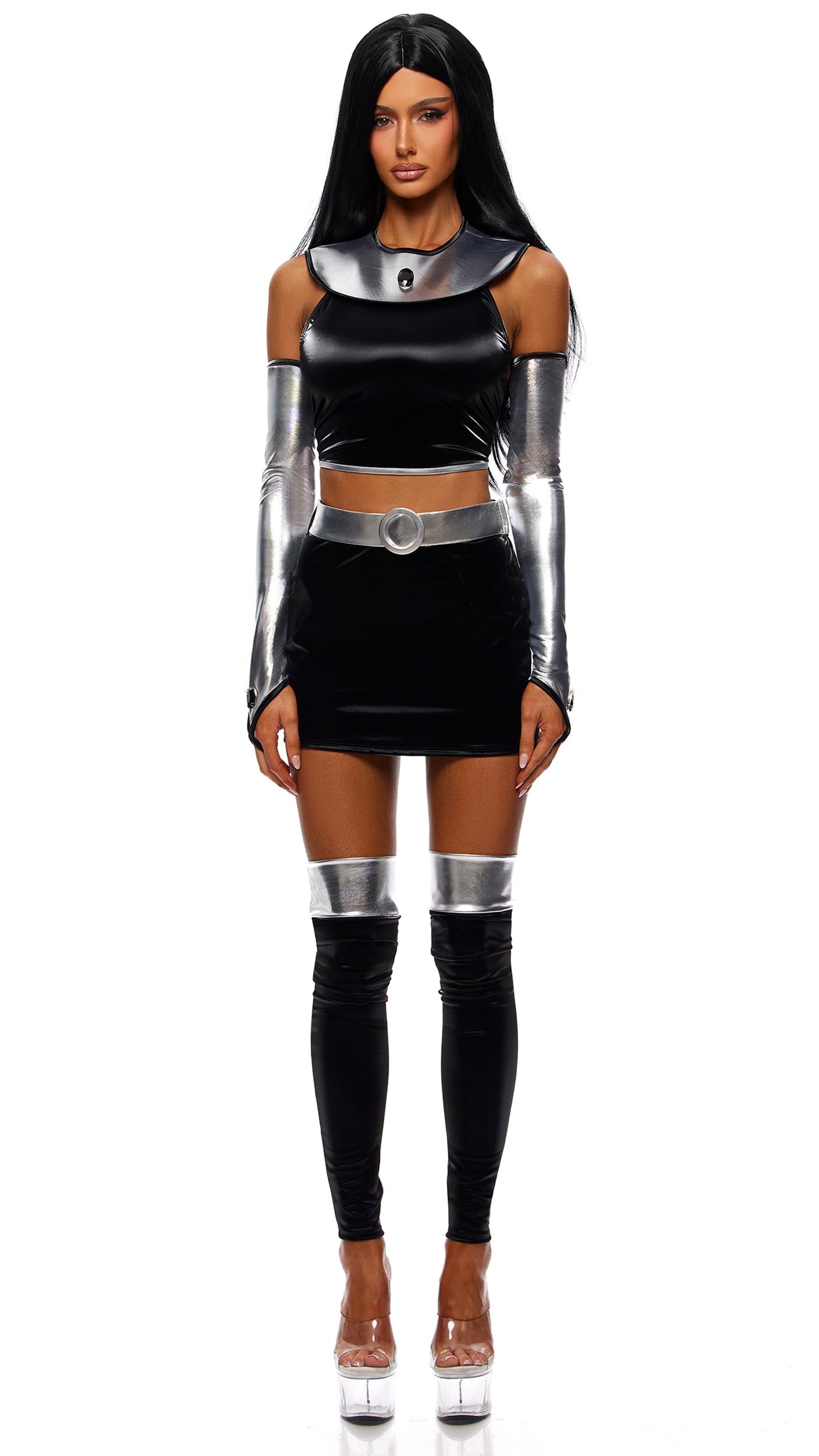 Black Vinyl Silver Armor Space Princess Halloween Costume with Metallic Sleeves