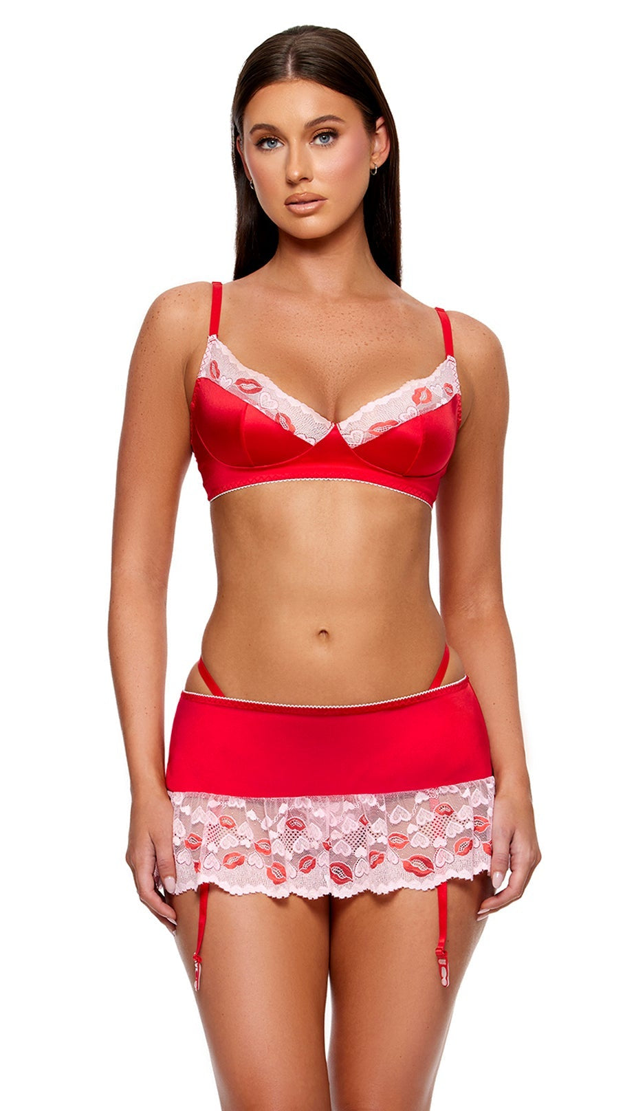 Lips Like Butter Lace Contrast Satin Bra and Garter Skirt Set