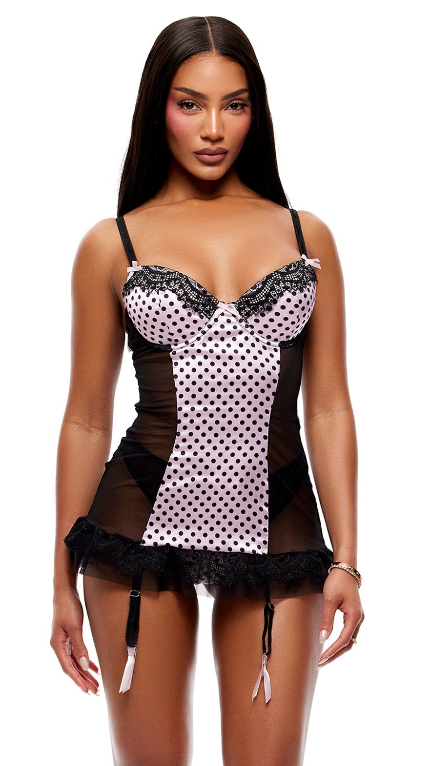 On The Dot 2-Piece Polka Dot Lace Chemise Set - Light Pink/Black