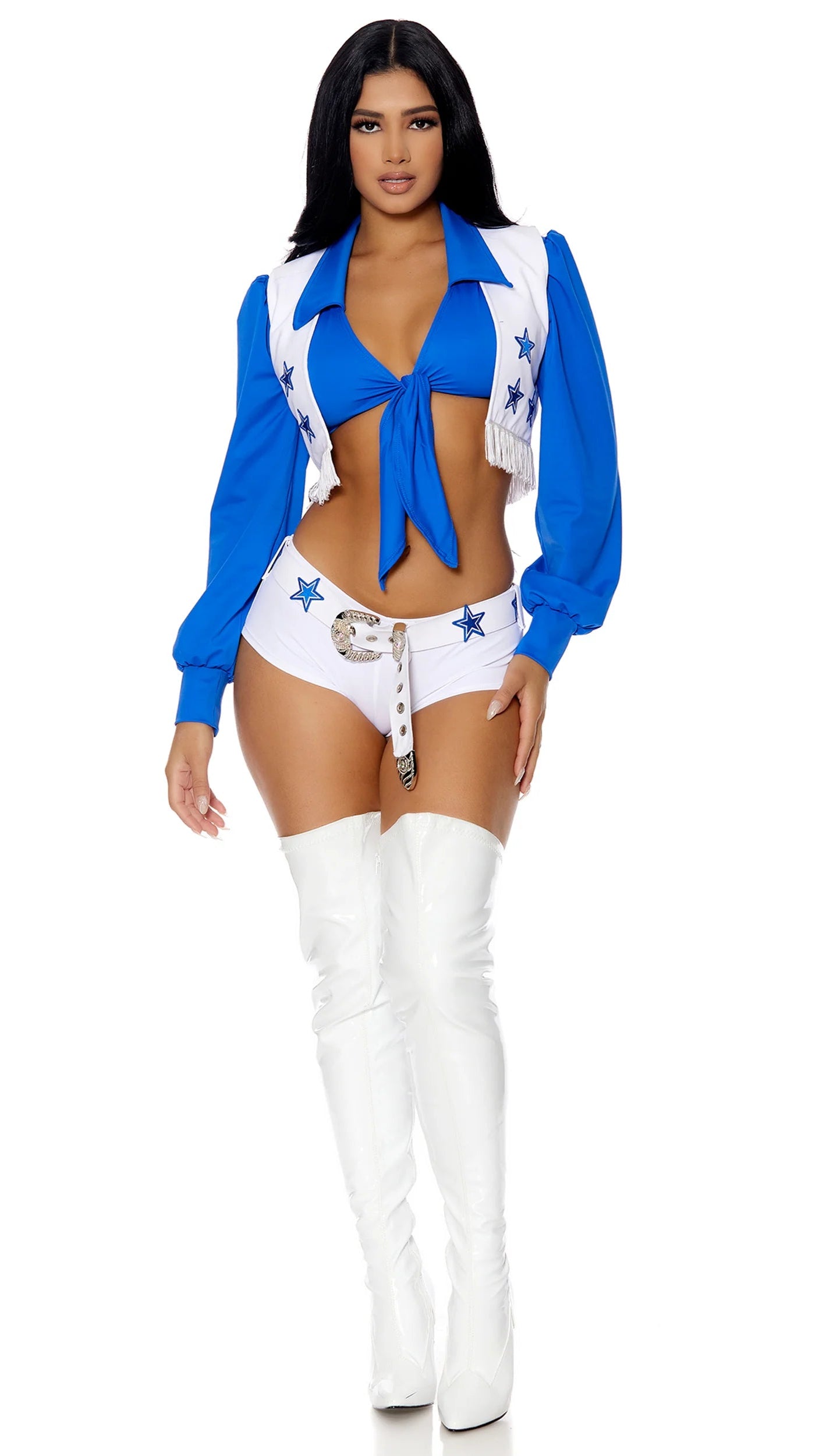 Field Star Sexy Cheerleader Costume featuring a collared tie-top with balloon sleeves, star-embroidered fringe vest, matching low-rise cheeky shorts, and belt.